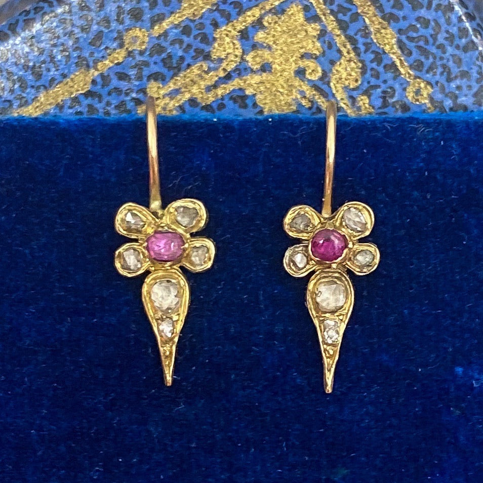 SOLD--Victorian Tiny Rose Cut Diamond and Pink Sapphire Earrings 14k c. 1840