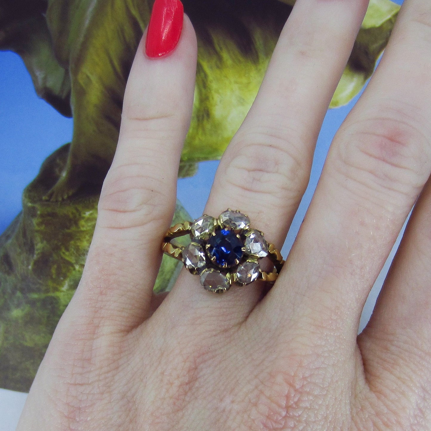 SOLD--Victorian Sapphire and Rose Cut Diamond Cluster Ring 14k, Russian c. 1880