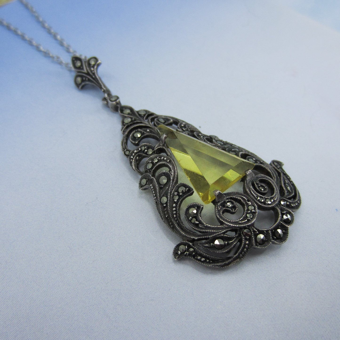 SOLD--Art Deco Marcasite and Yellow Glass Pendant Sterling Silver c. 1930