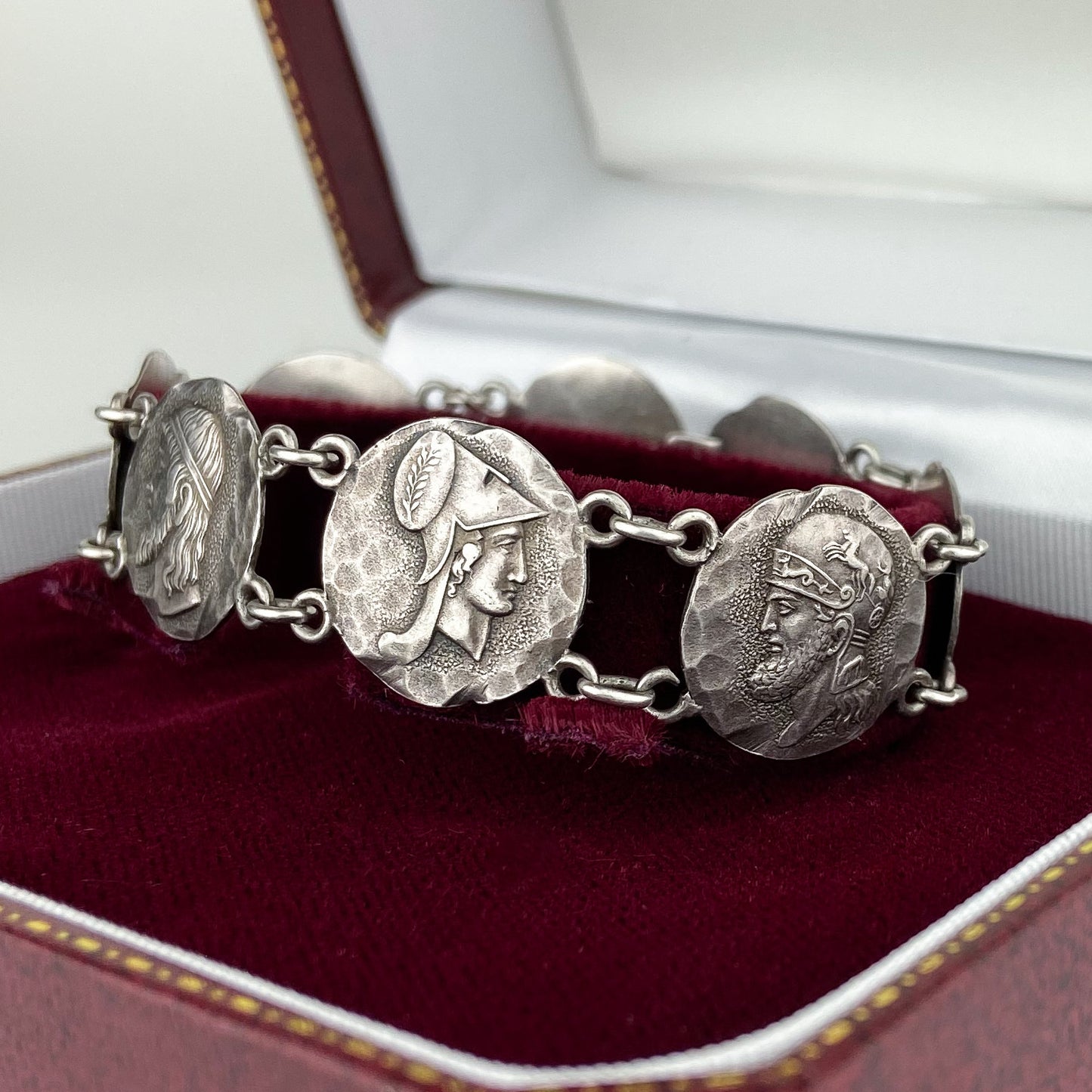 SOLD— Victorian Etruscan Revival Coin Bracelet Sterling c. 1884