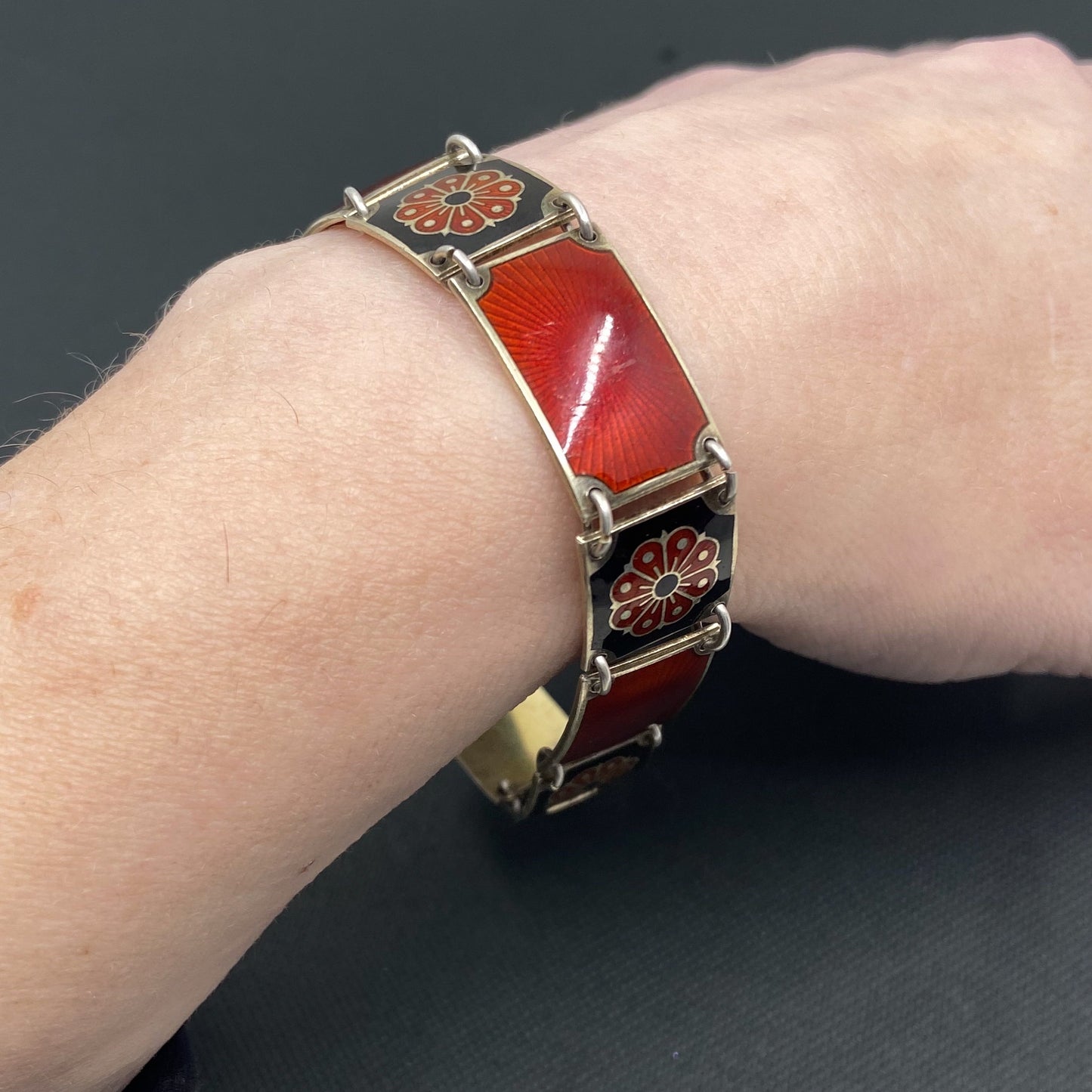 SOLD-MidCentury Red and Black Guilloche Enamel Bracelet Gilt Sterling, David Andersen Norway c. 1950