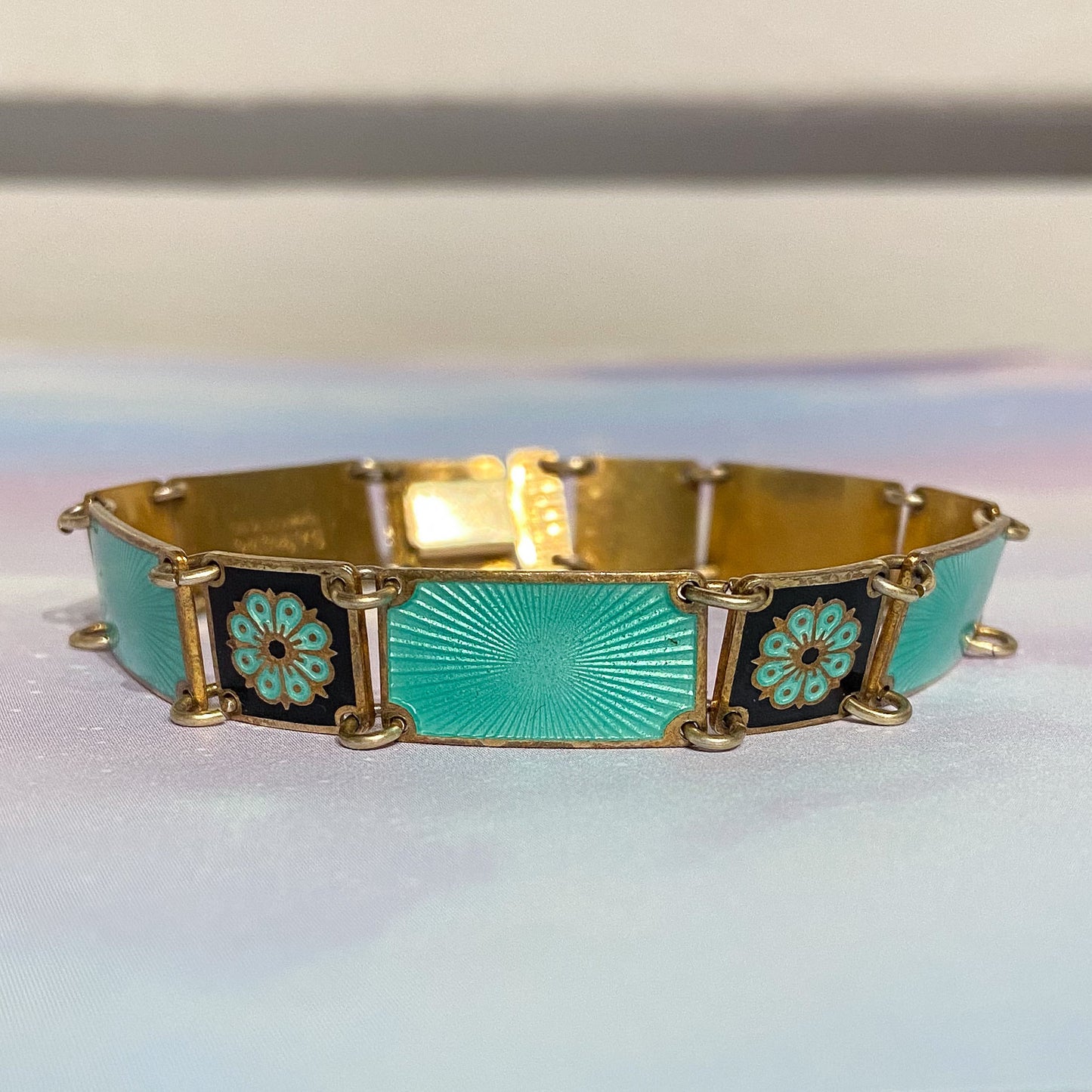 SOLD-Vintage Green and Black Enamel Bracelet Gilt Sterling, David Andersen Norway c. 1950