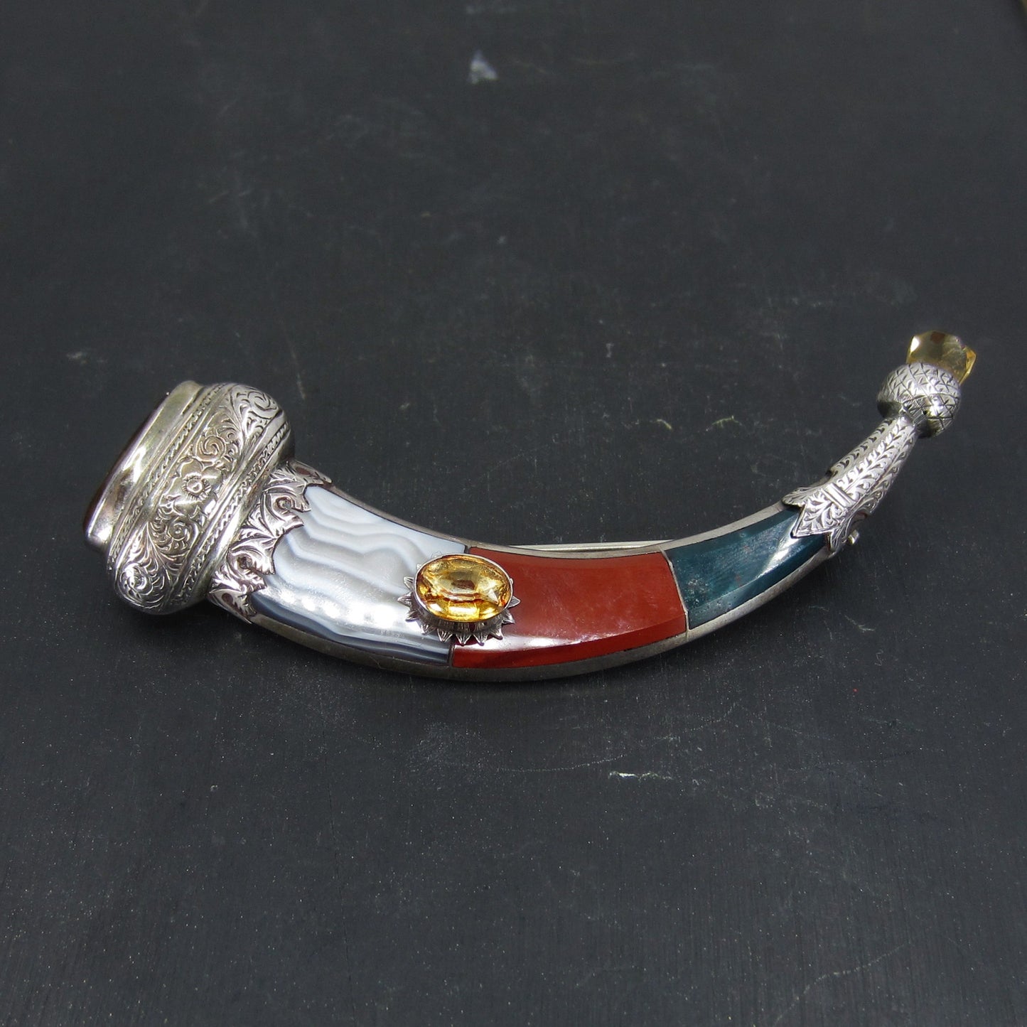 SOLD--Huge Victorian Scottish Agate and Citrine Hunting Horn Brooch Sterling c. 1880