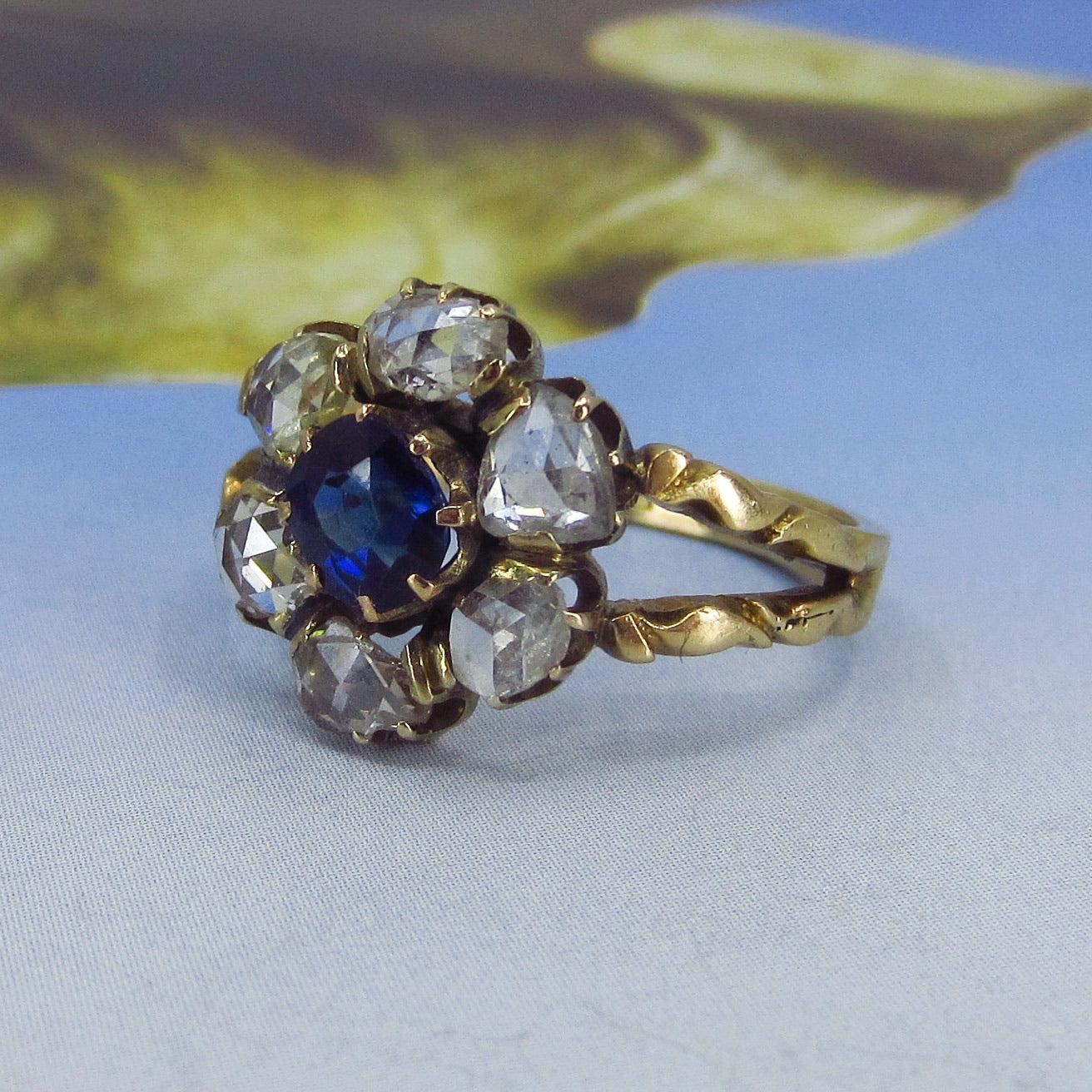 SOLD--Victorian Sapphire and Rose Cut Diamond Cluster Ring 14k, Russian c. 1880