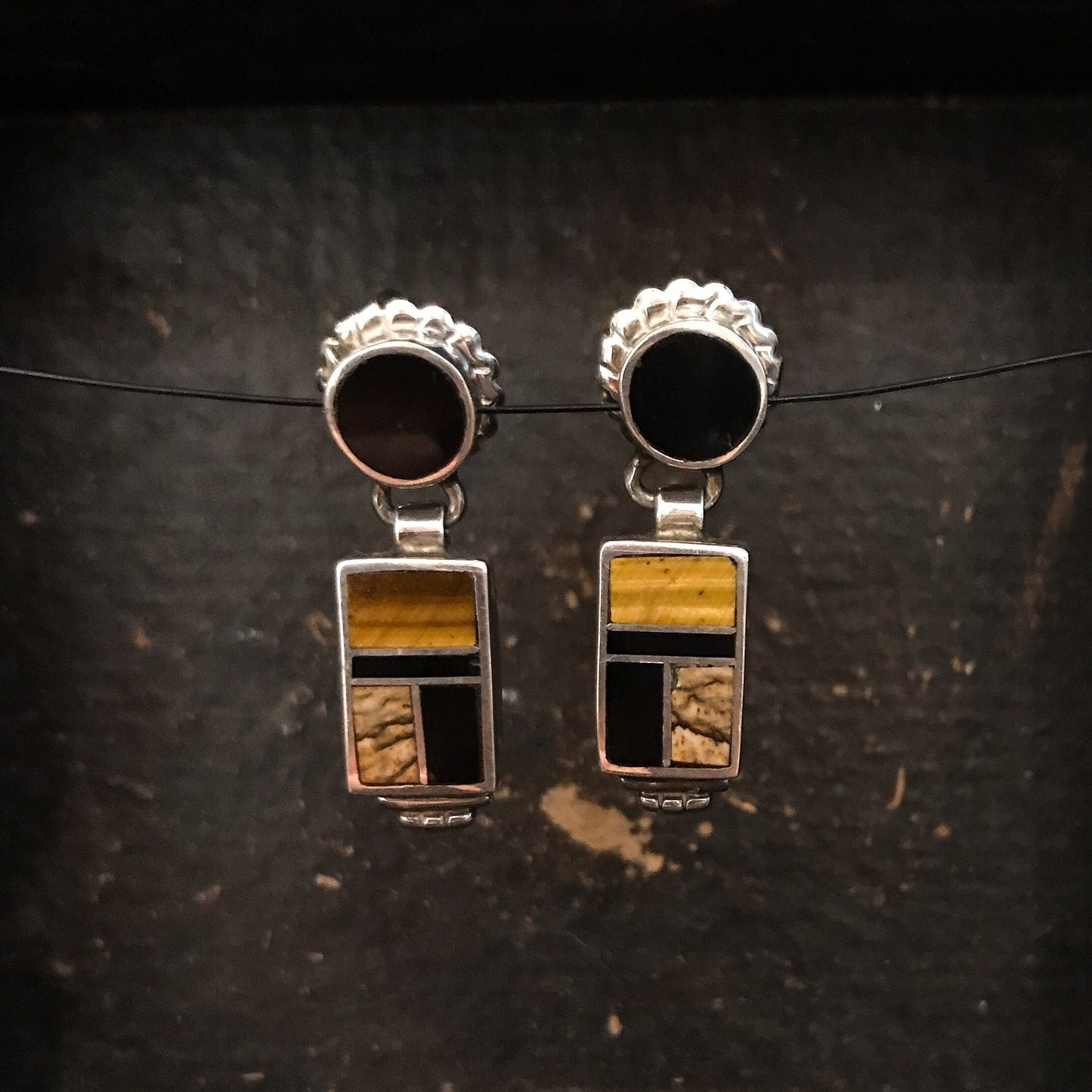 SOLD--Vintage Onyx and Tiger's Eye Inlay Earrings Sterling c. 1990