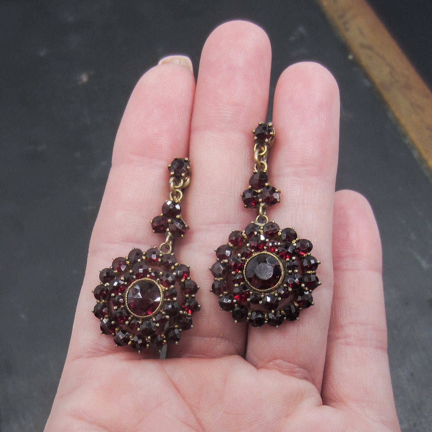 SOLD-Art Deco Bohemian Garnet Cluster Earrings Gilt Brass c. 1930