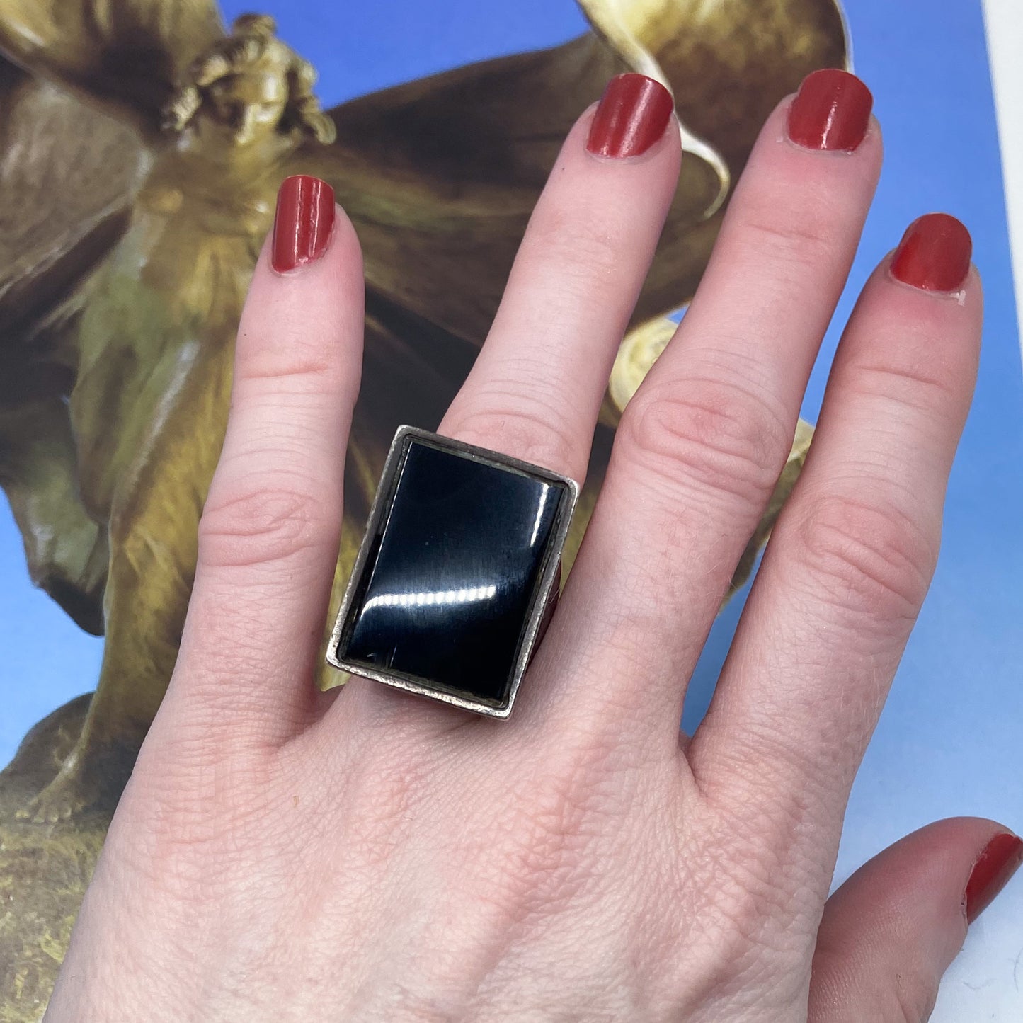 SOLD--Vintage Large Onyx Signet Ring Sterling c. 1970