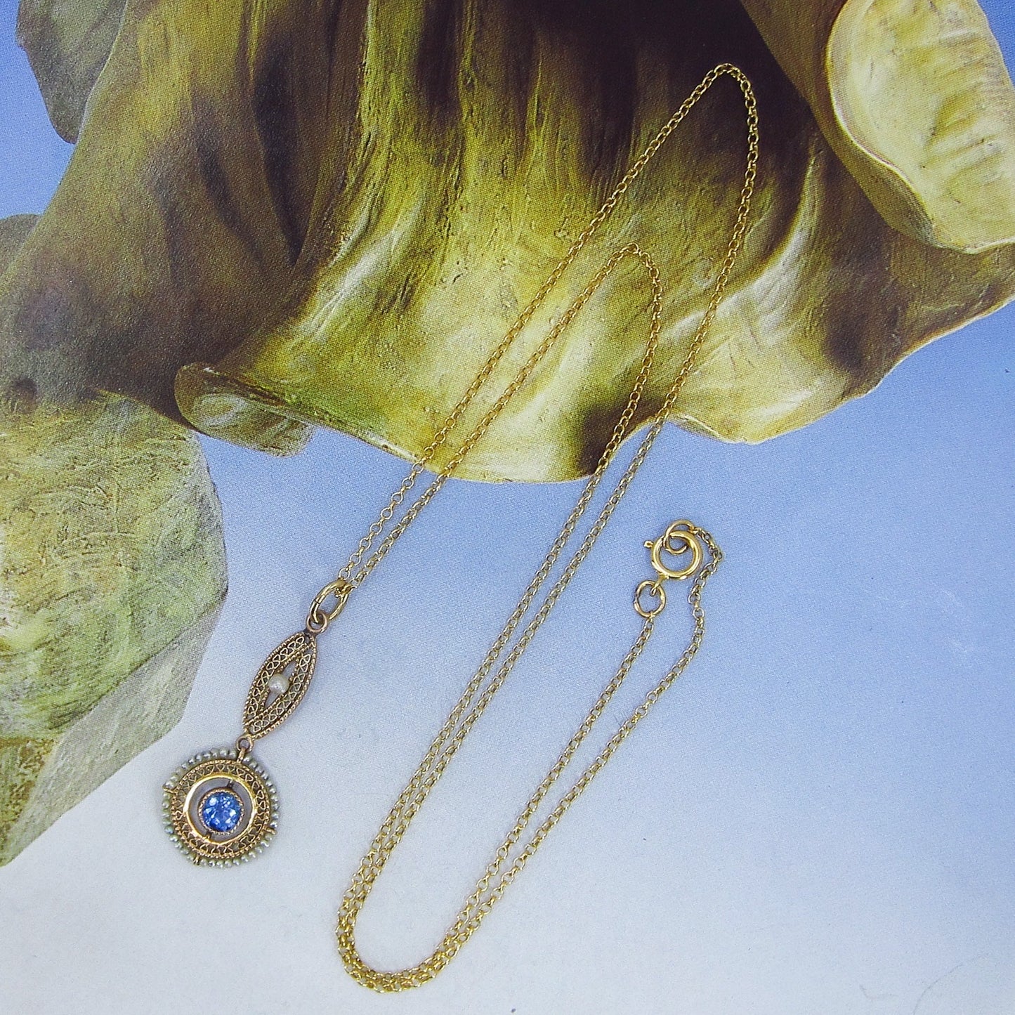 SOLD-Edwardian Seed Pearl and Blue Glass Pendant 10k c. 1910
