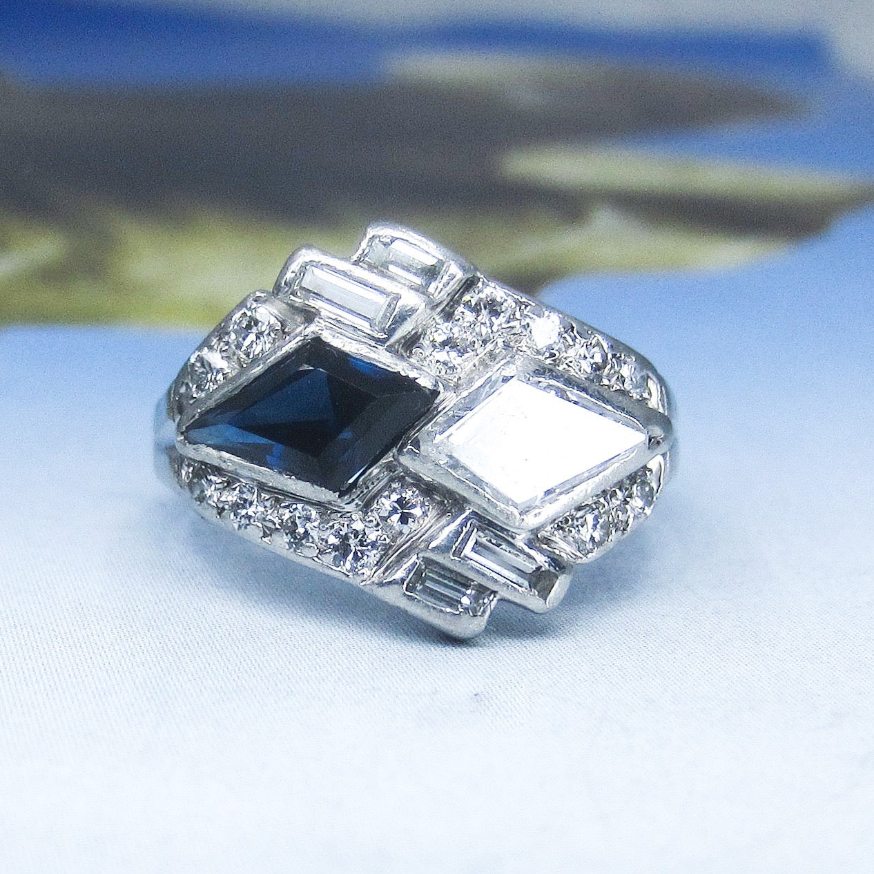 SOLD-Art Deco Kite Shaped Diamond and Sapphire Ring Platinum c. 1930