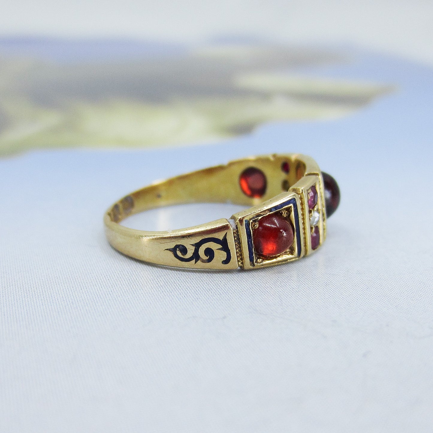 SOLD--Victorian Garnet, Ruby, Diamond and Enamel Band 18k, British c. 1870