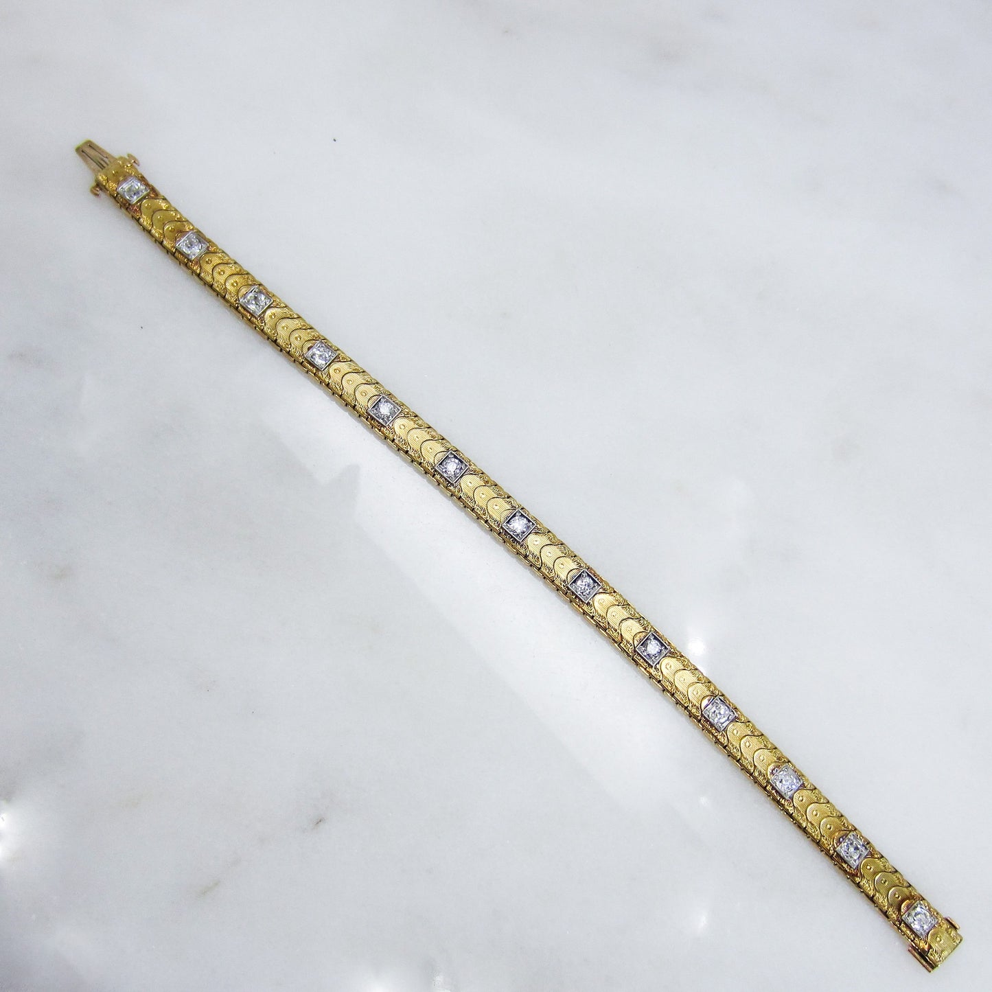 SOLD-Art Deco Slinky Old European Diamond Line Bracelet 14k, Sloan & Co c. 1940