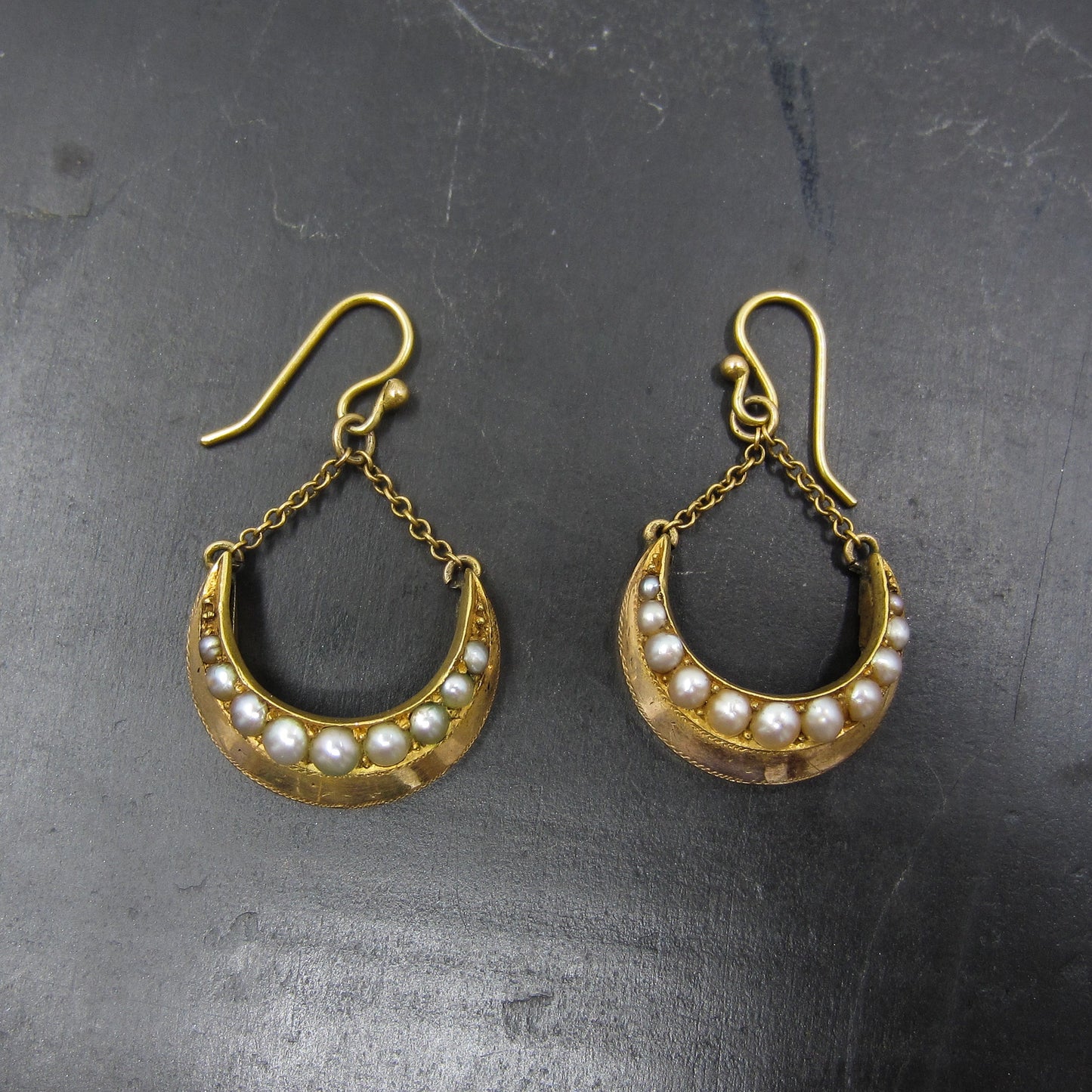 SOLD--Victorian Pearl Crescent Earrings 14k c. 1880
