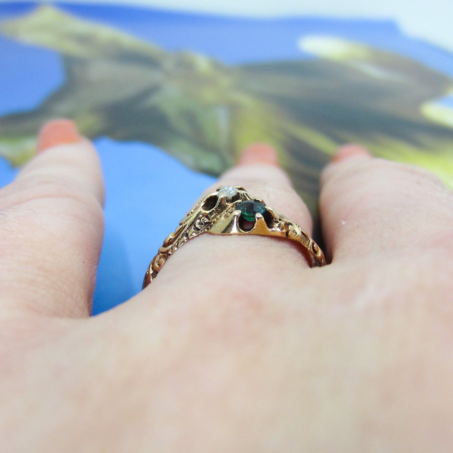 Victorian Rose Cut Diamond and Emerald Doublet Ring 14k c. 1880