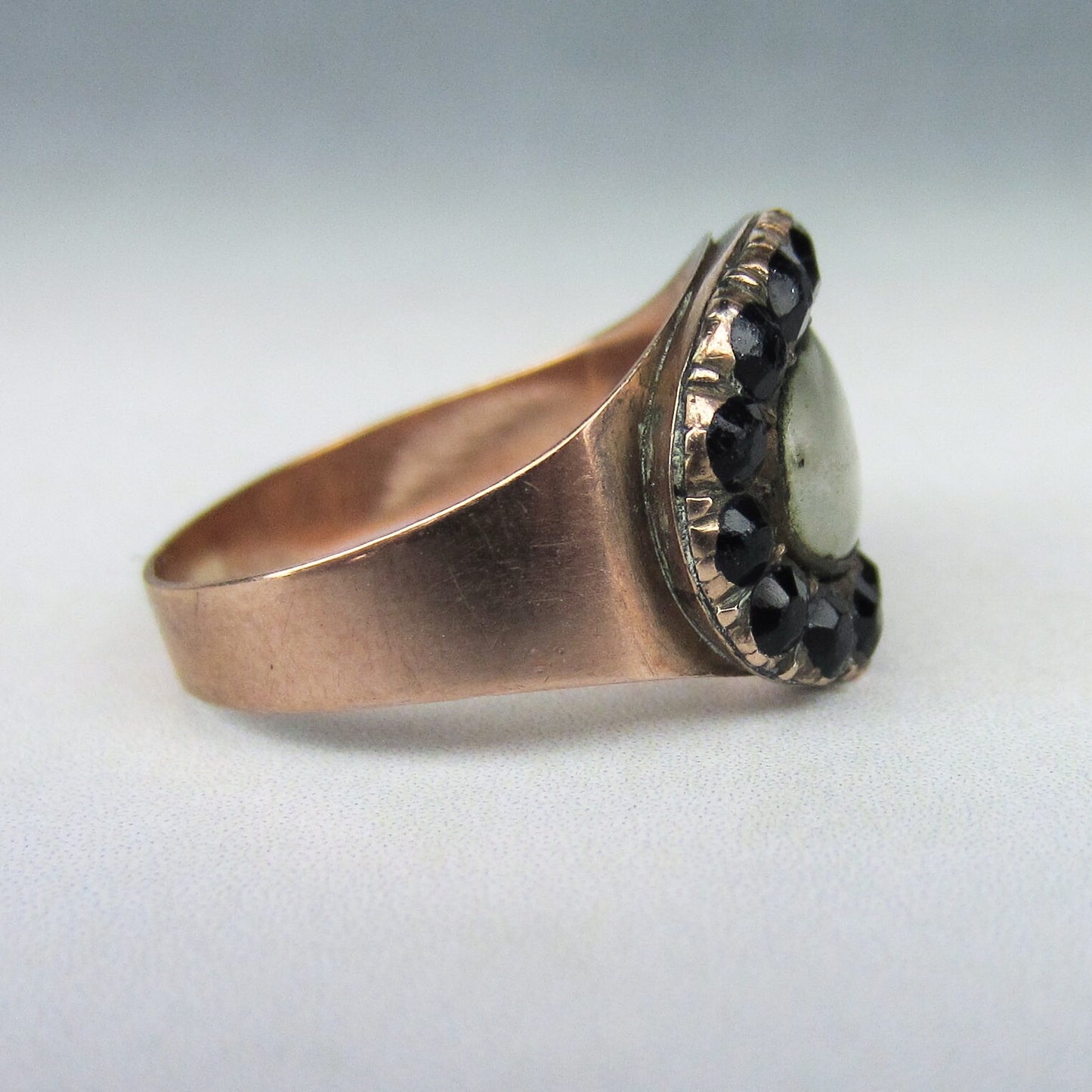 SOLD--Georgian Jet "M" Mourning Ring 12k c. 1808