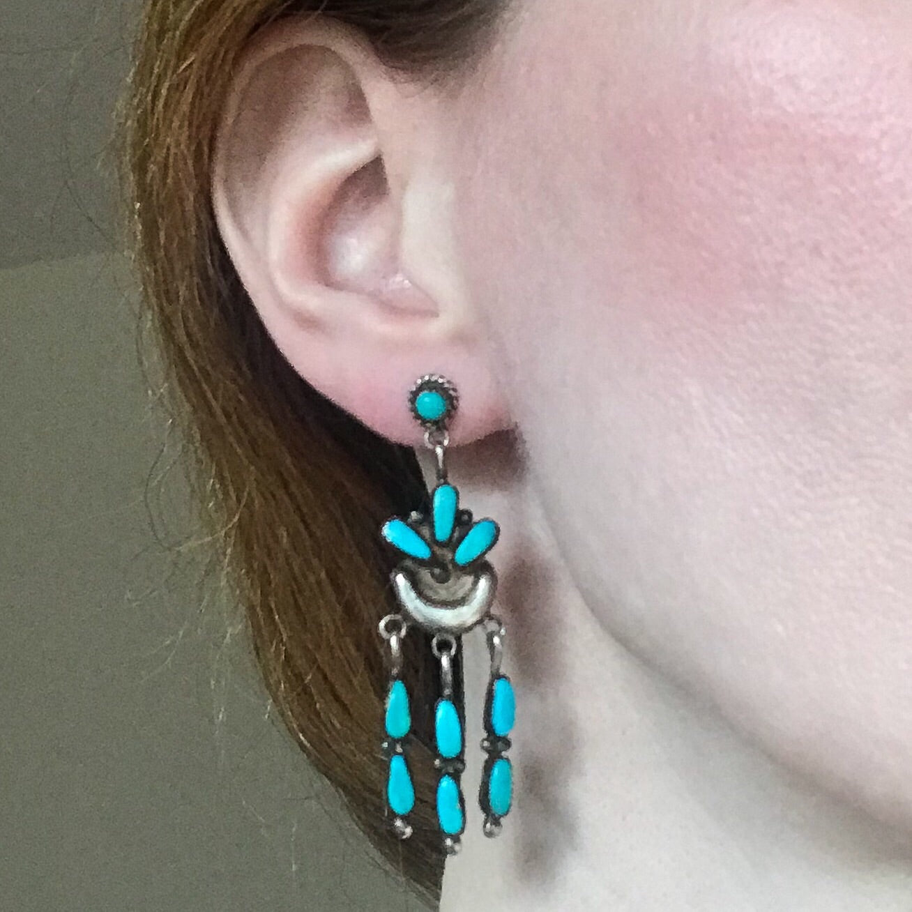 SOLD--Vintage Zuni Turquoise Fringe Drop Earrings Sterling c. 1960