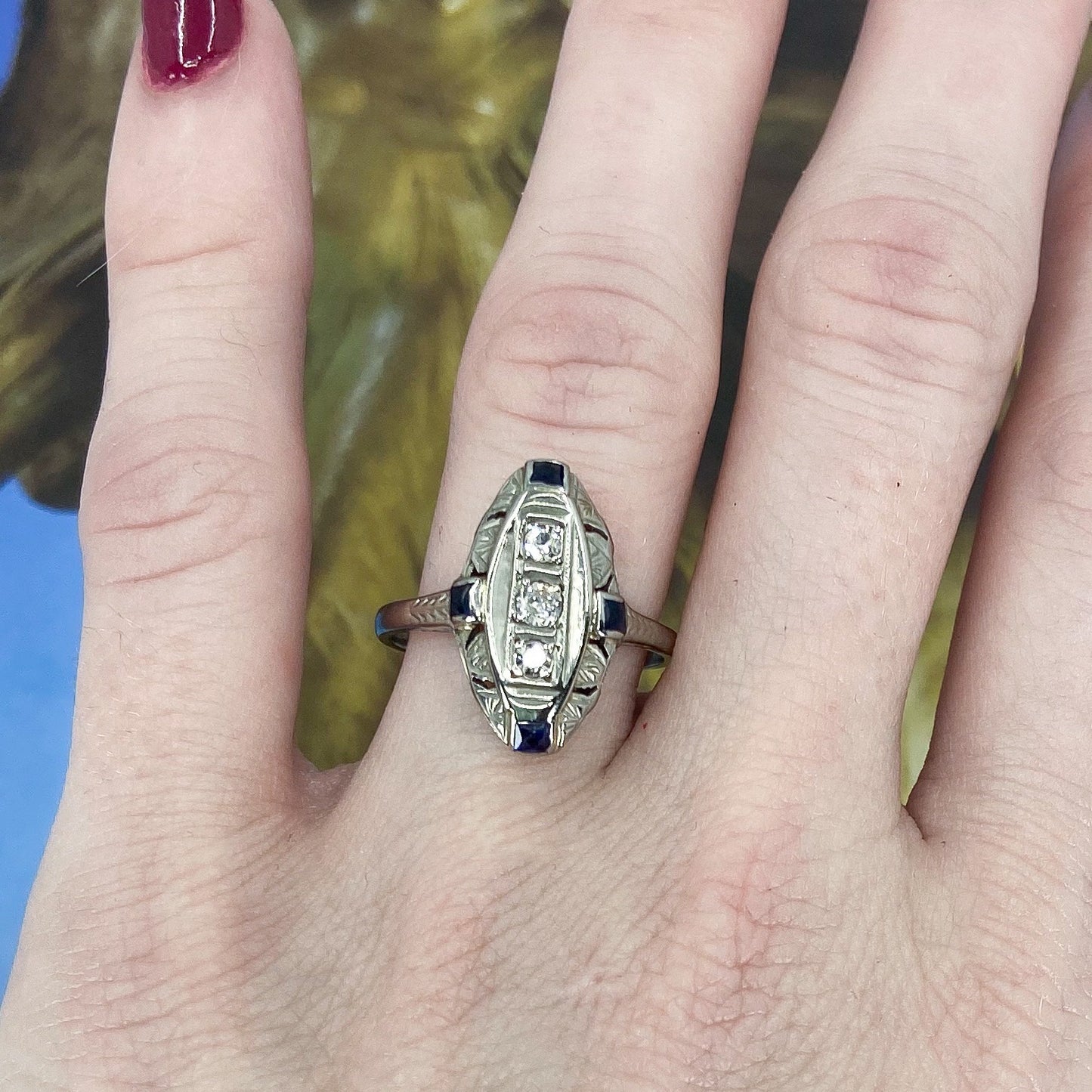 Art Deco Diamond and Sapphire Navette Ring 14k c. 1930