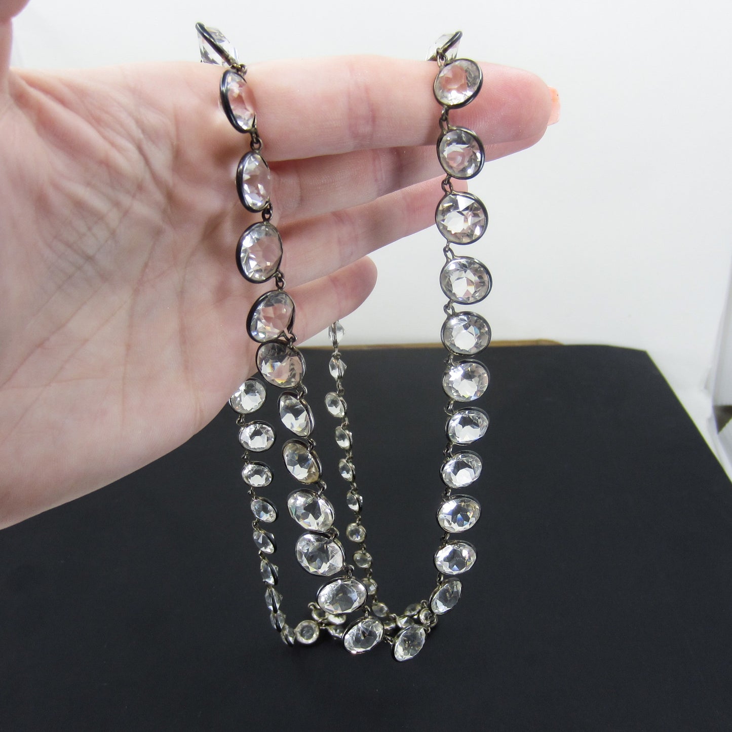 Art Deco Long 32” Graduated Paste Crystal Necklace Sterling c. 1930