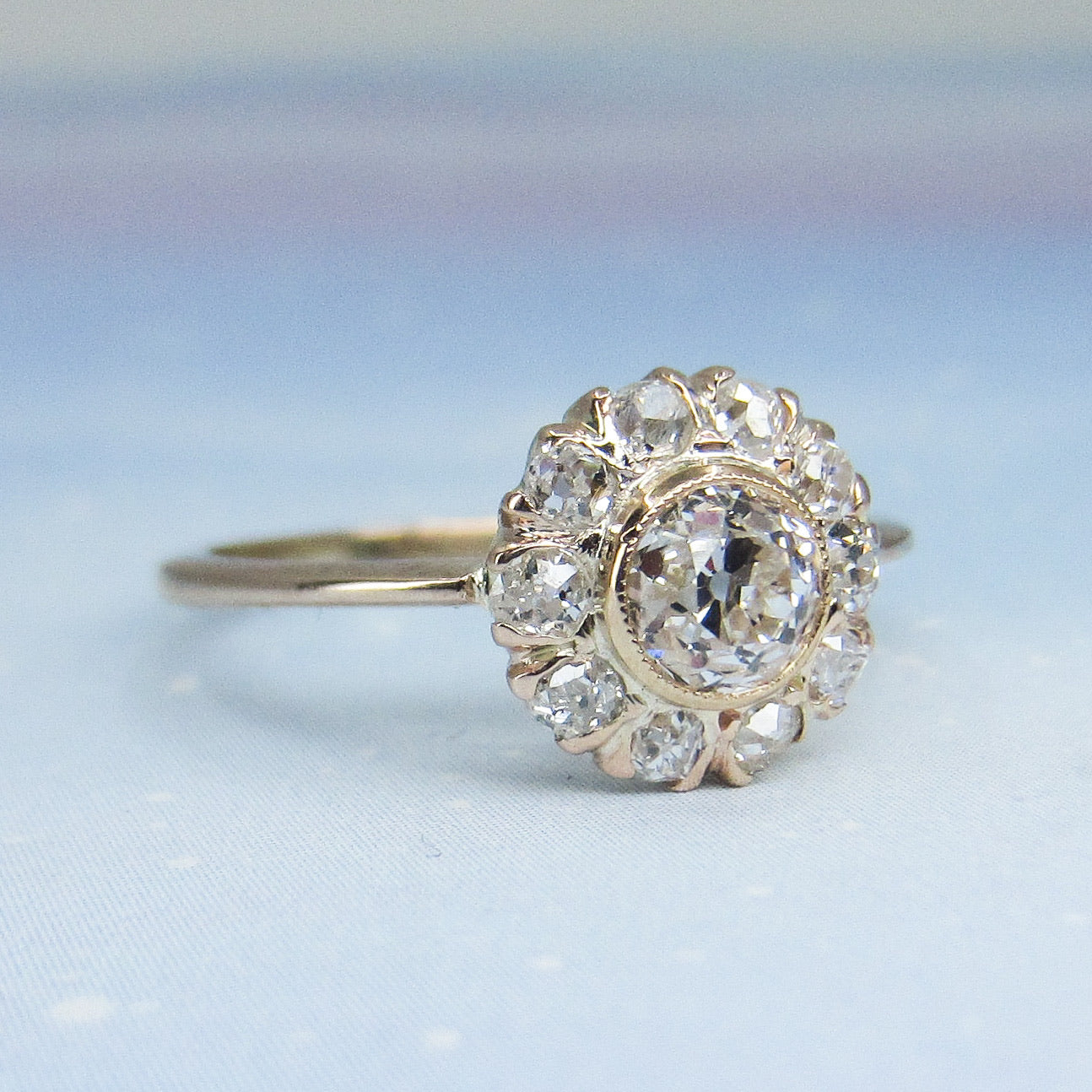 SOLD--Edwardian Old European Diamond Cluster Engagement Ring 14k