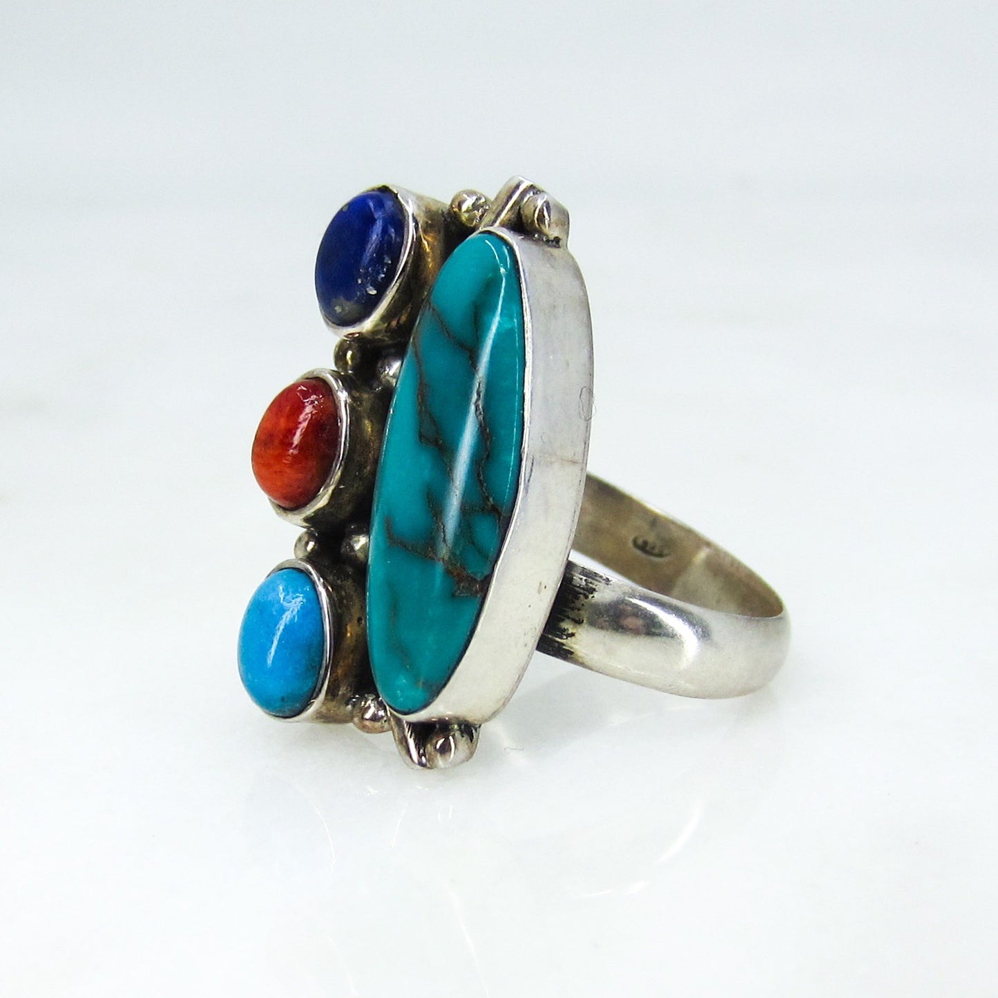 Vintage Big Turquoise, Spiny Oyster and Lapis Ring Sterling c. 1990