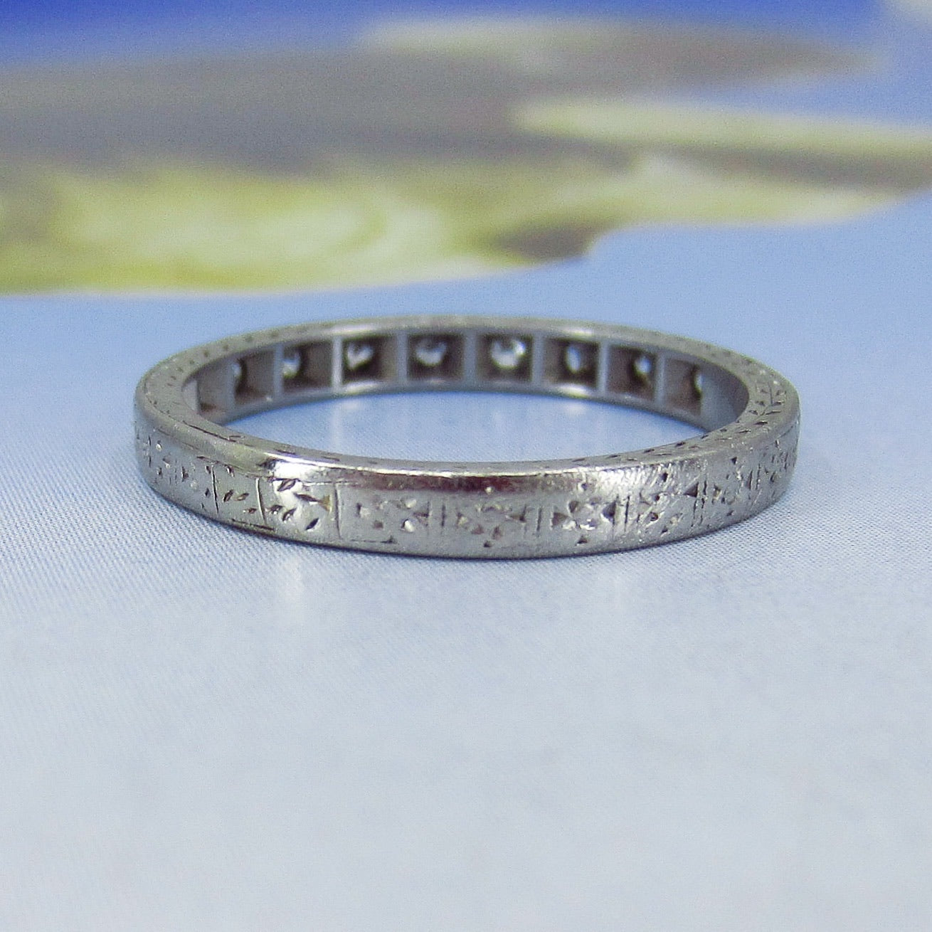 SOLD-Art Deco Ten Diamond Engraved Band Platinum c. 1930