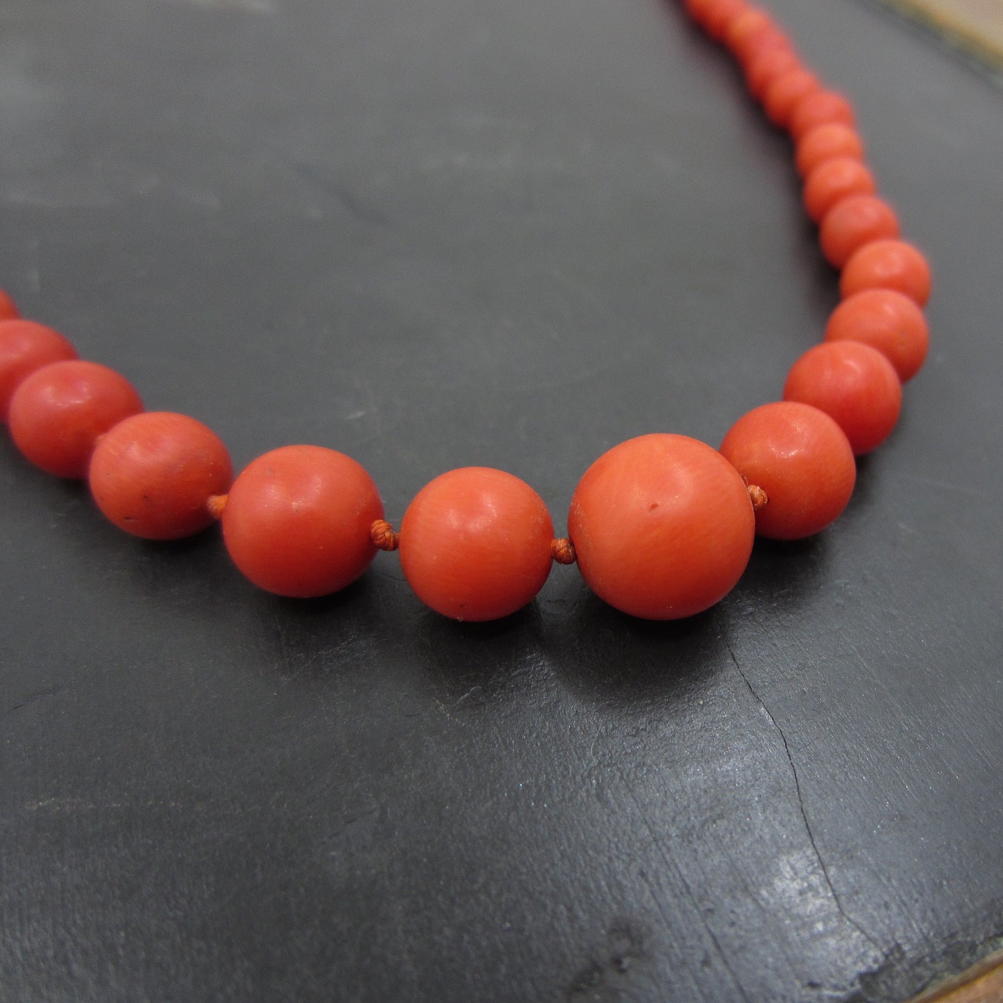 SOLD-Art Deco Italian Graduated Coral Bead Necklace 800 Silver c. 1920