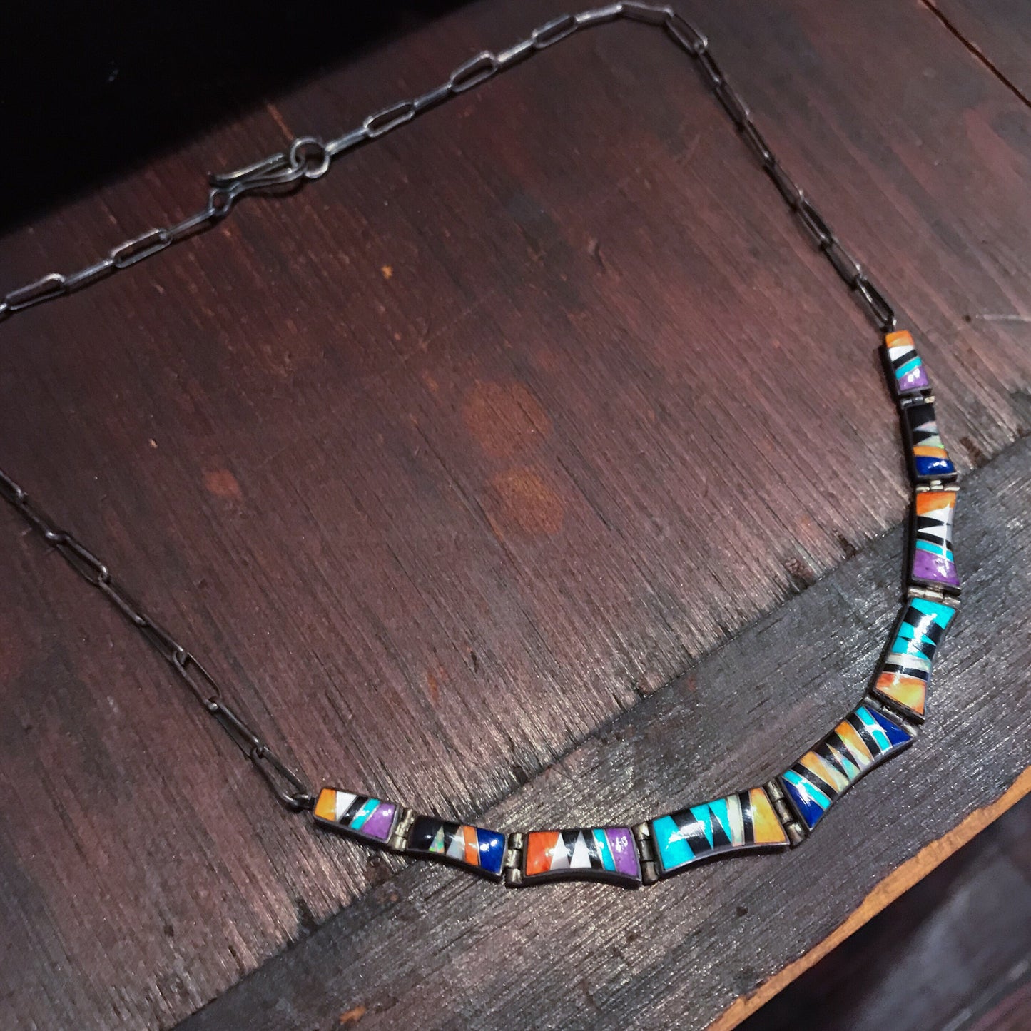 SOLD--Vintage Navajo Inlay Necklace Sterling c. 1980