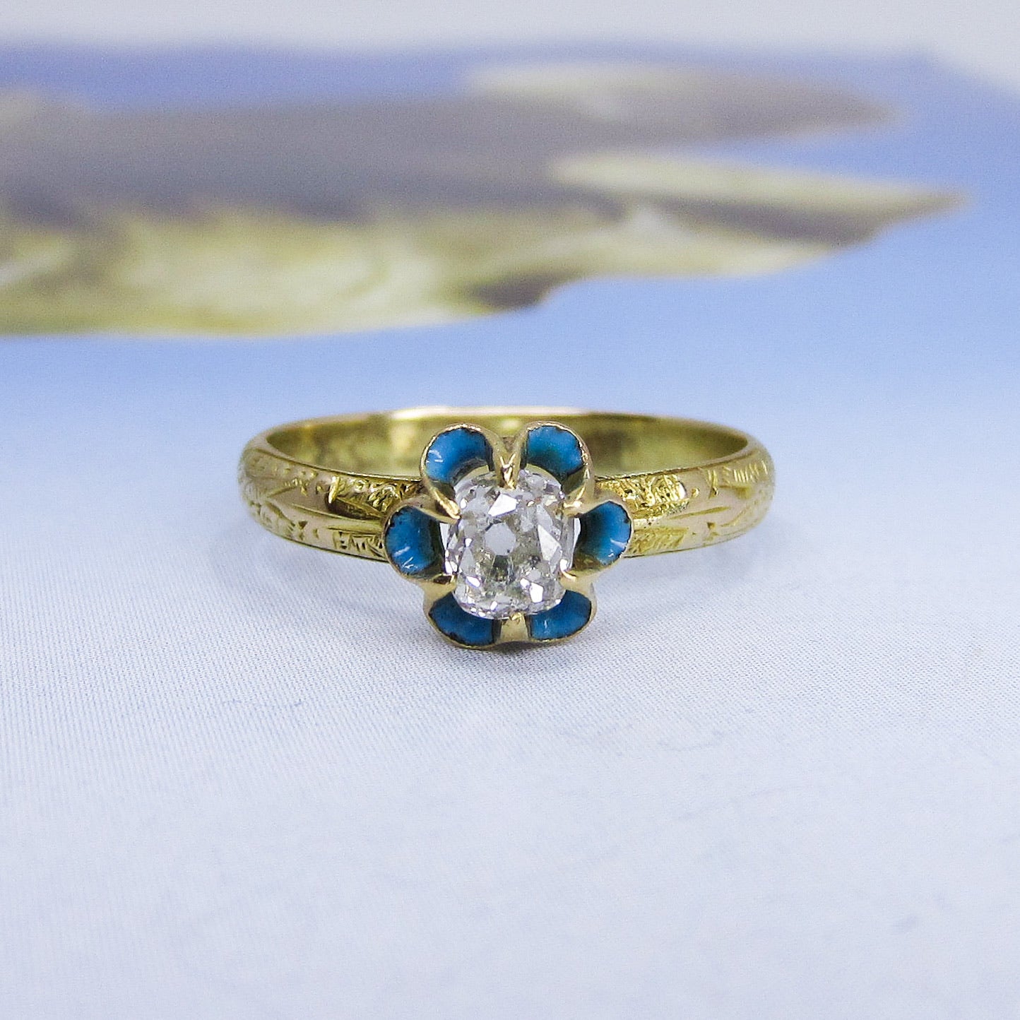 SOLD-Victorian Old Mine Diamond and Enamel Engraved Band Ring 14k c. 1840