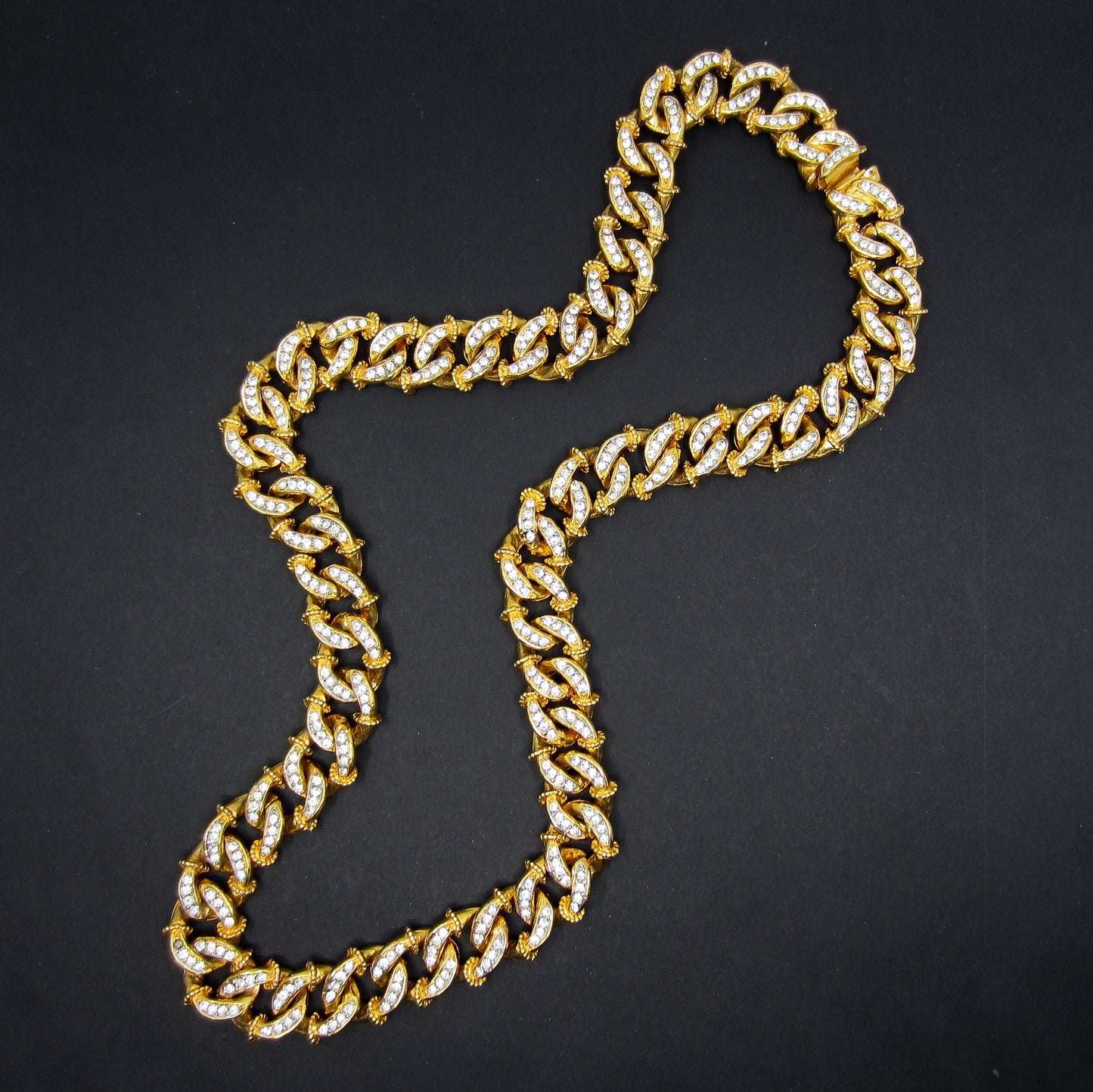 SOLD--Vintage Massive KJL Crystal Curb Link Chain Gold Plate c 1960’s