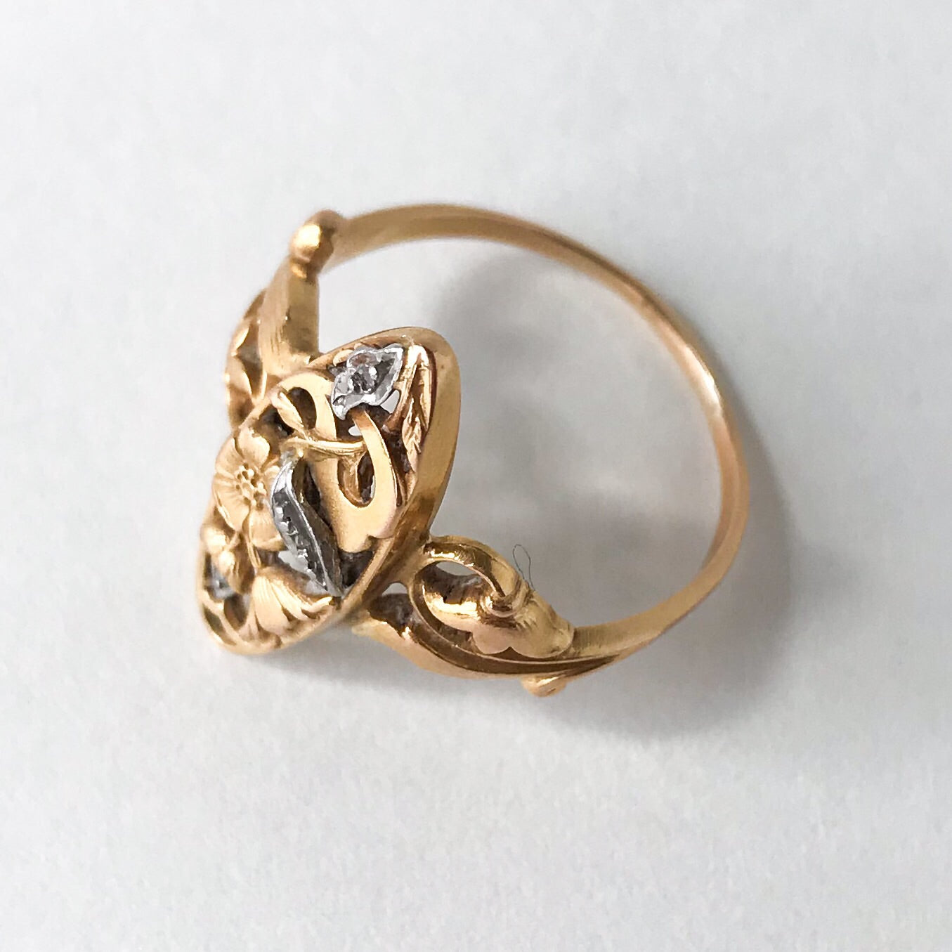 SOLD--Art Nouveau Rose Cut Diamond Navette Ring Silver/18k c. 1900