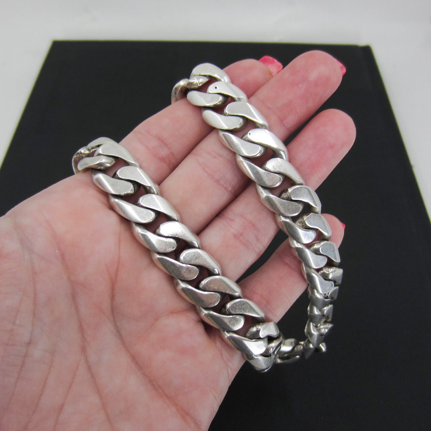 SOLD--Vintage Heavy Flat Curb Link Chain Sterling, Italy c. 1980