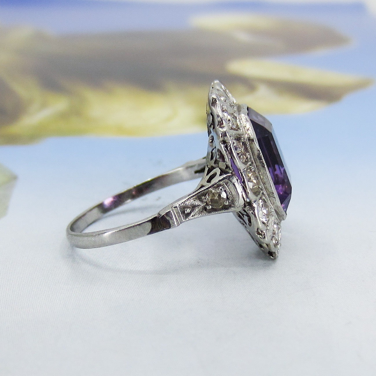 SOLD--Vintage Amethyst and Diamond Cluster Ring Platinum c. 1940