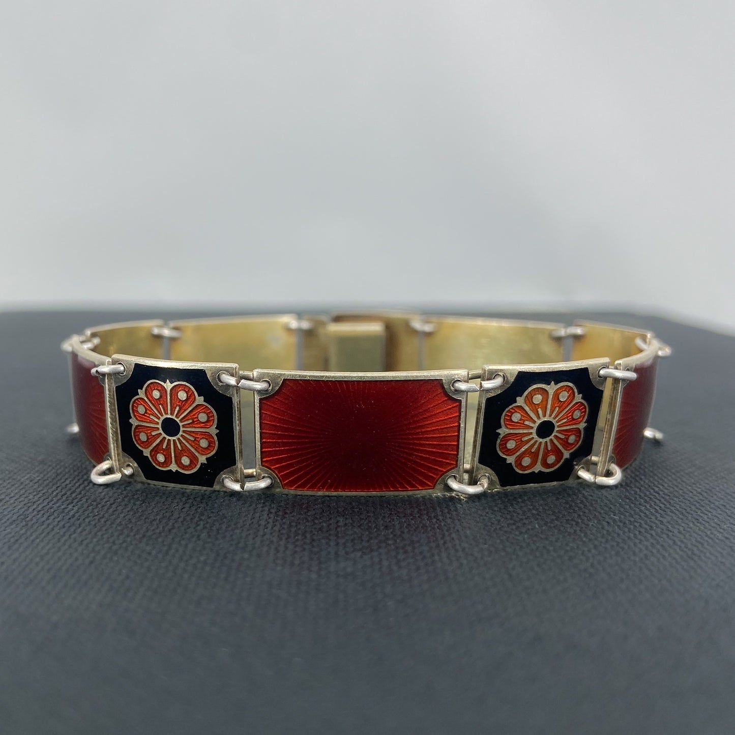 SOLD-MidCentury Red and Black Guilloche Enamel Bracelet Gilt Sterling, David Andersen Norway c. 1950