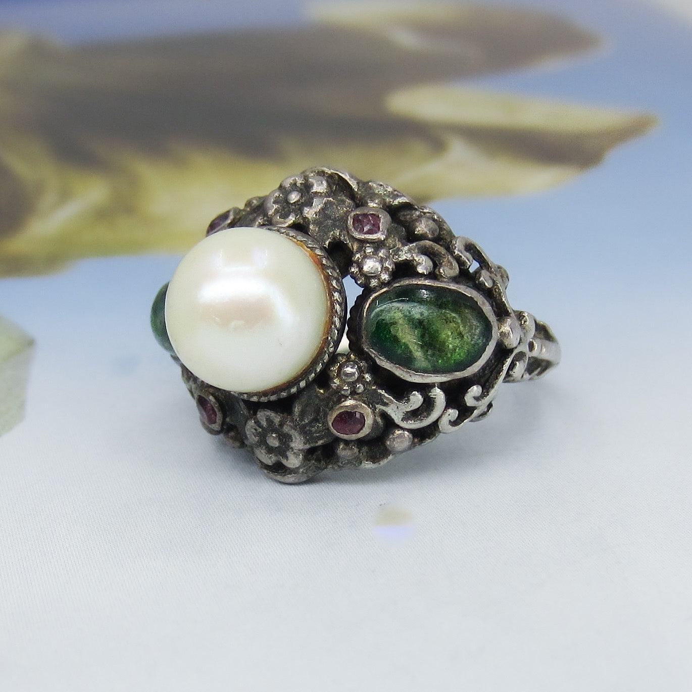 Vintage Renaissance Revival Pearl, Beryl and Garnet Ring Sterling, c. 1930