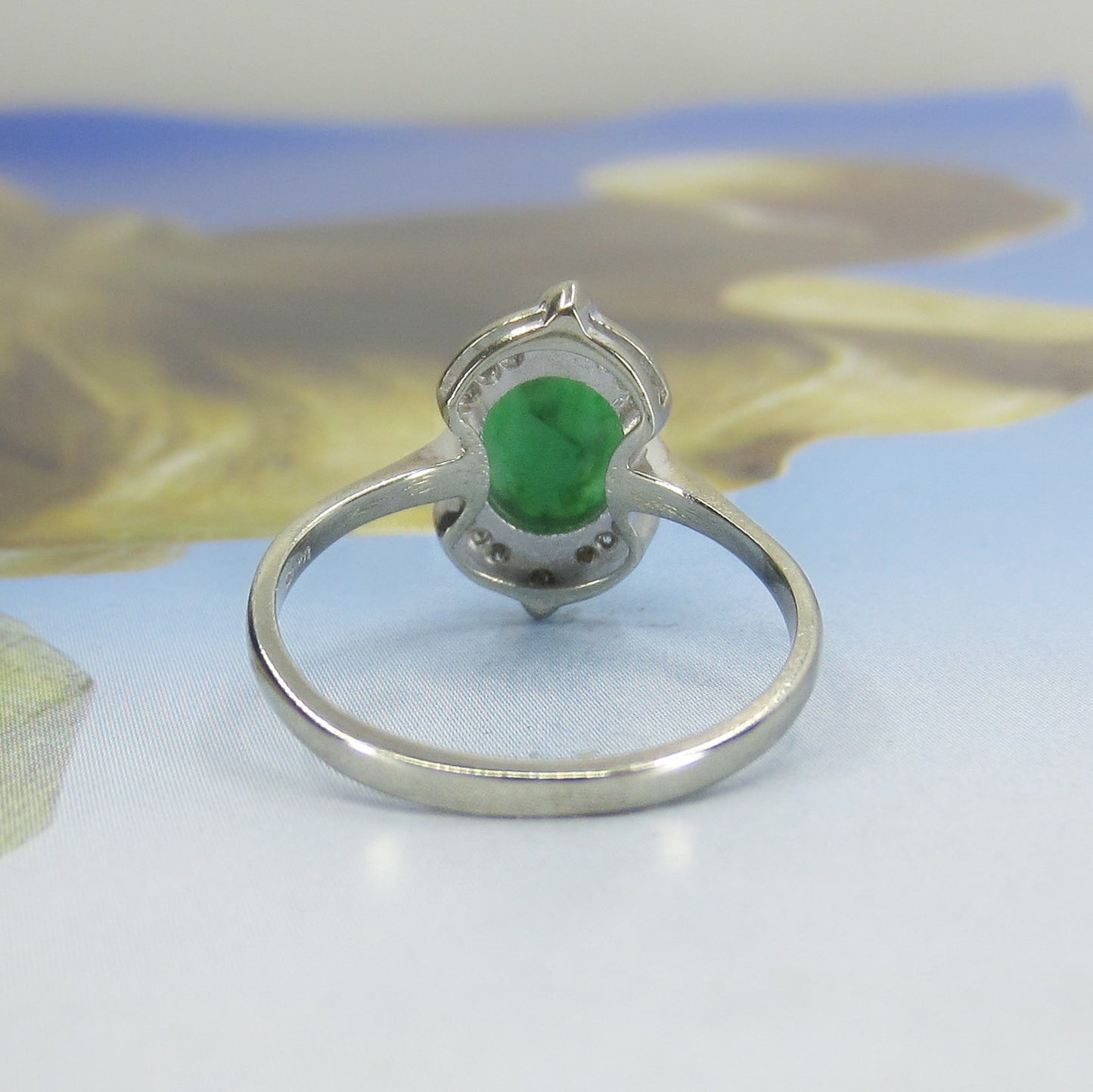 SOLD--Late Art Deco Jade and Diamond Ring 14k c. 1940