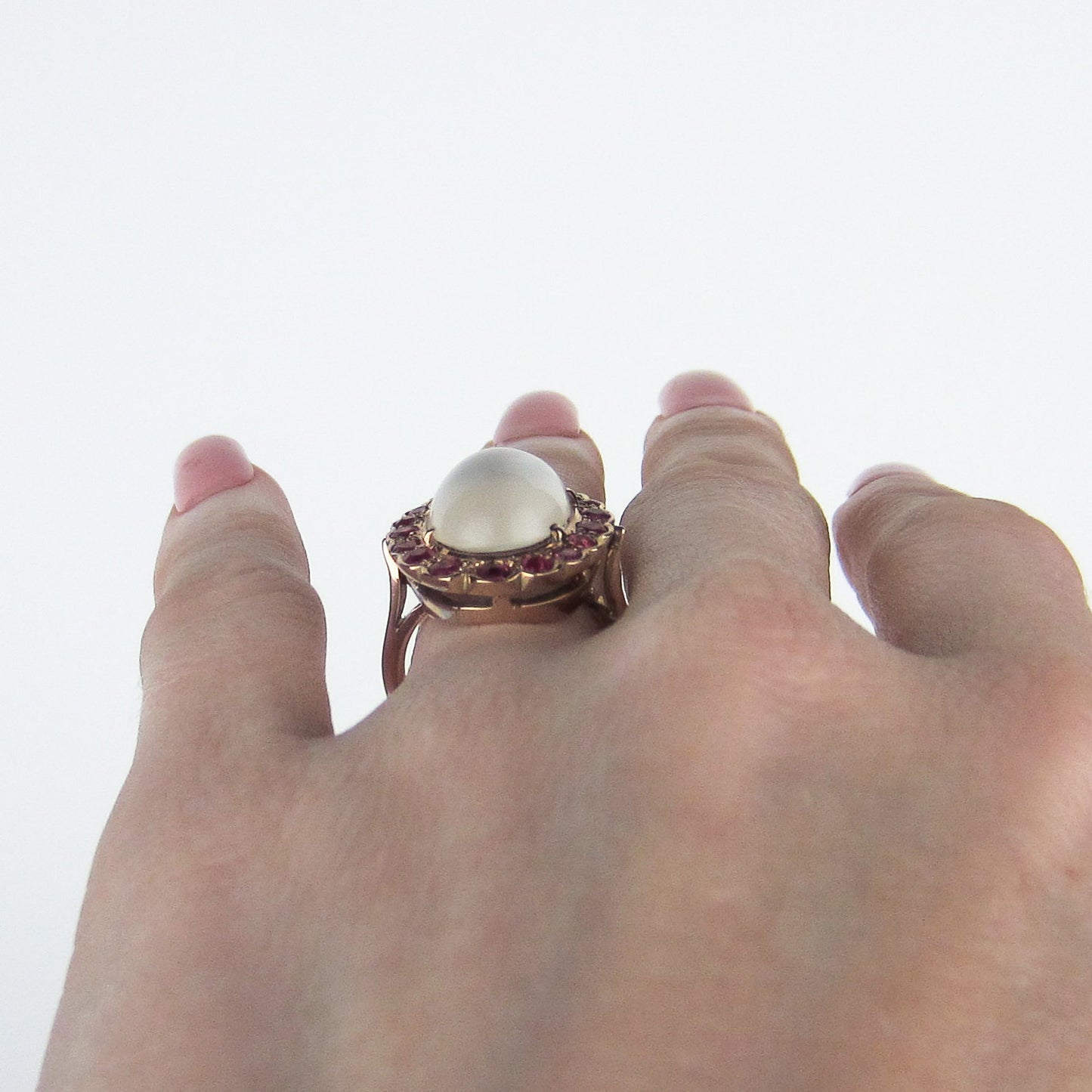 SOLD—Retro Moonstone and Ruby Ring 14k c. 1940