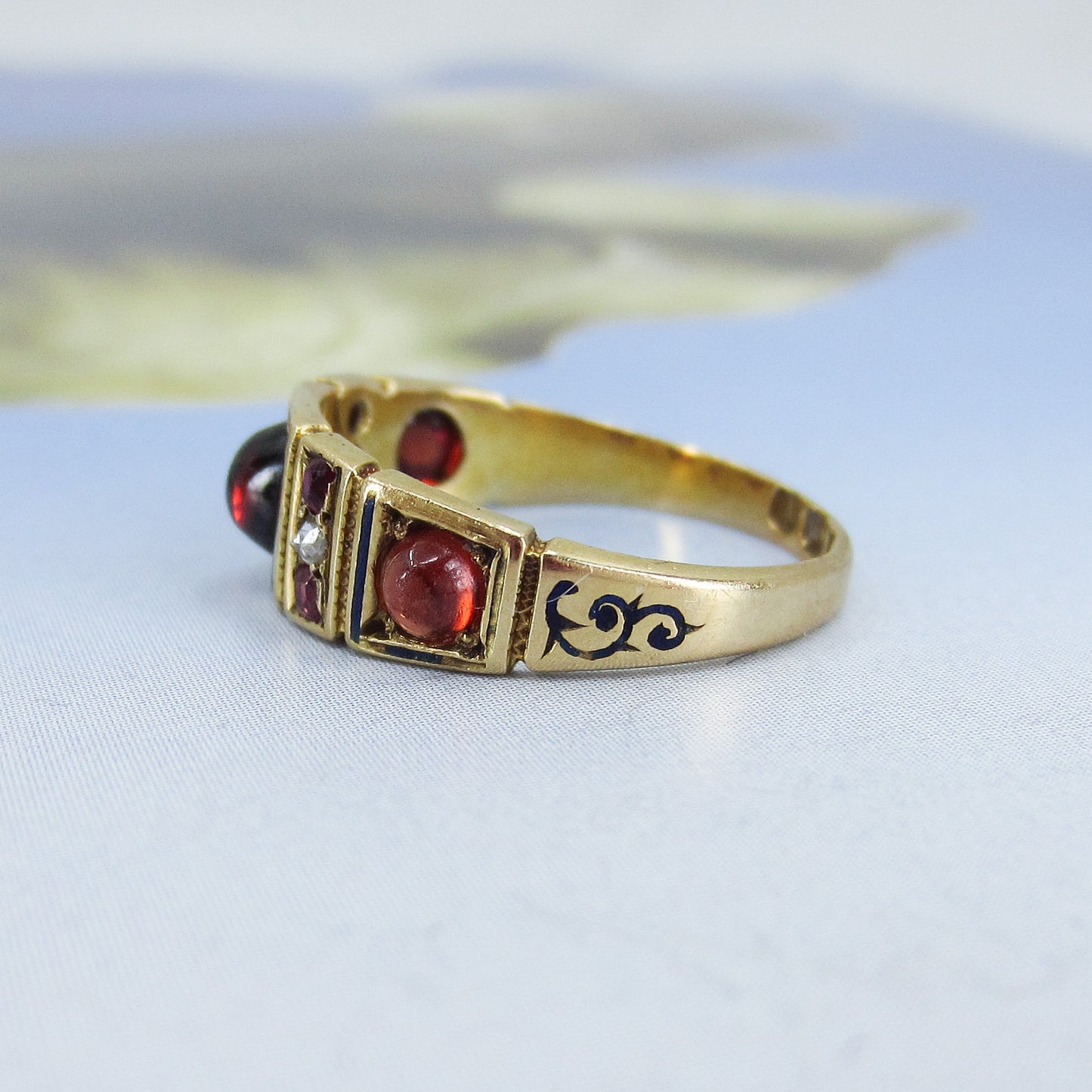 SOLD--Victorian Garnet, Ruby, Diamond and Enamel Band 18k, British c. 1870