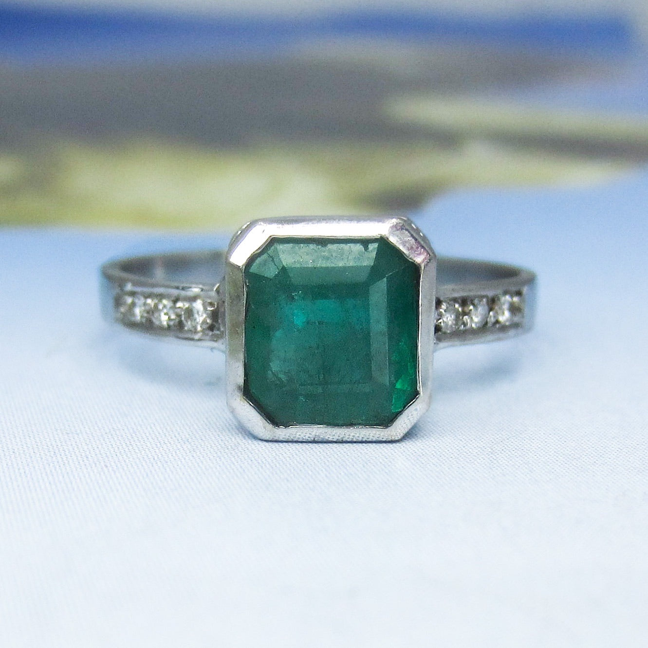 SOLD-Vintage Bezel Set Emerald and Diamond Ring 18k c. 1990