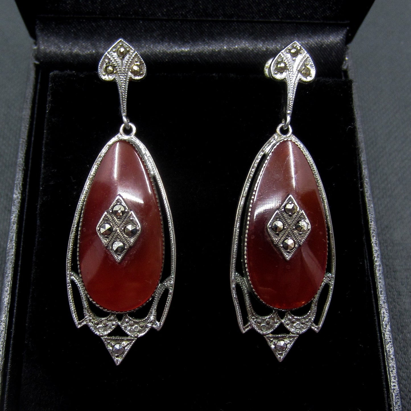 Art Deco Marcasite and Carnelian Drop Earrings Sterling c. 1920