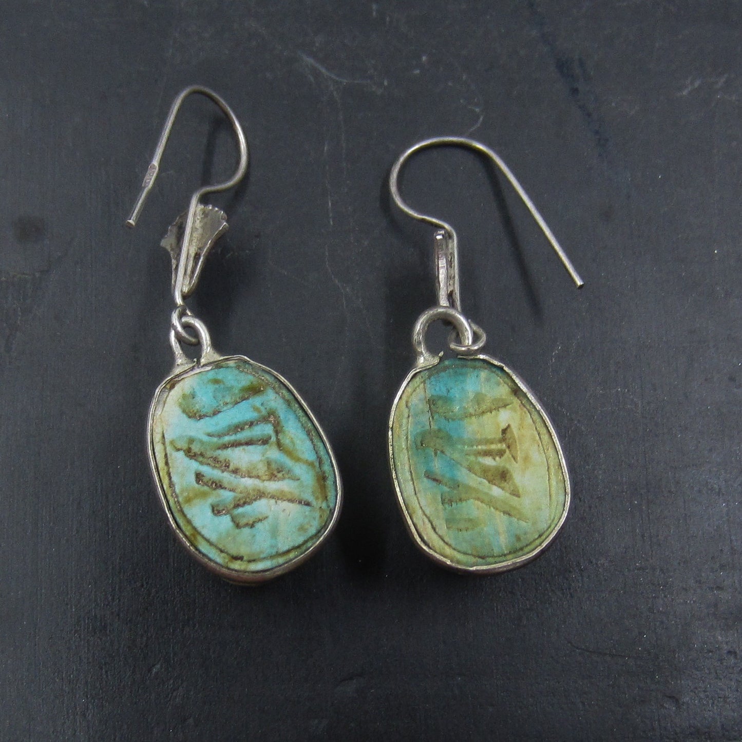 SOLD--Vintage Egyptian Revival Faience Scarab Earrings Silver c. 1970