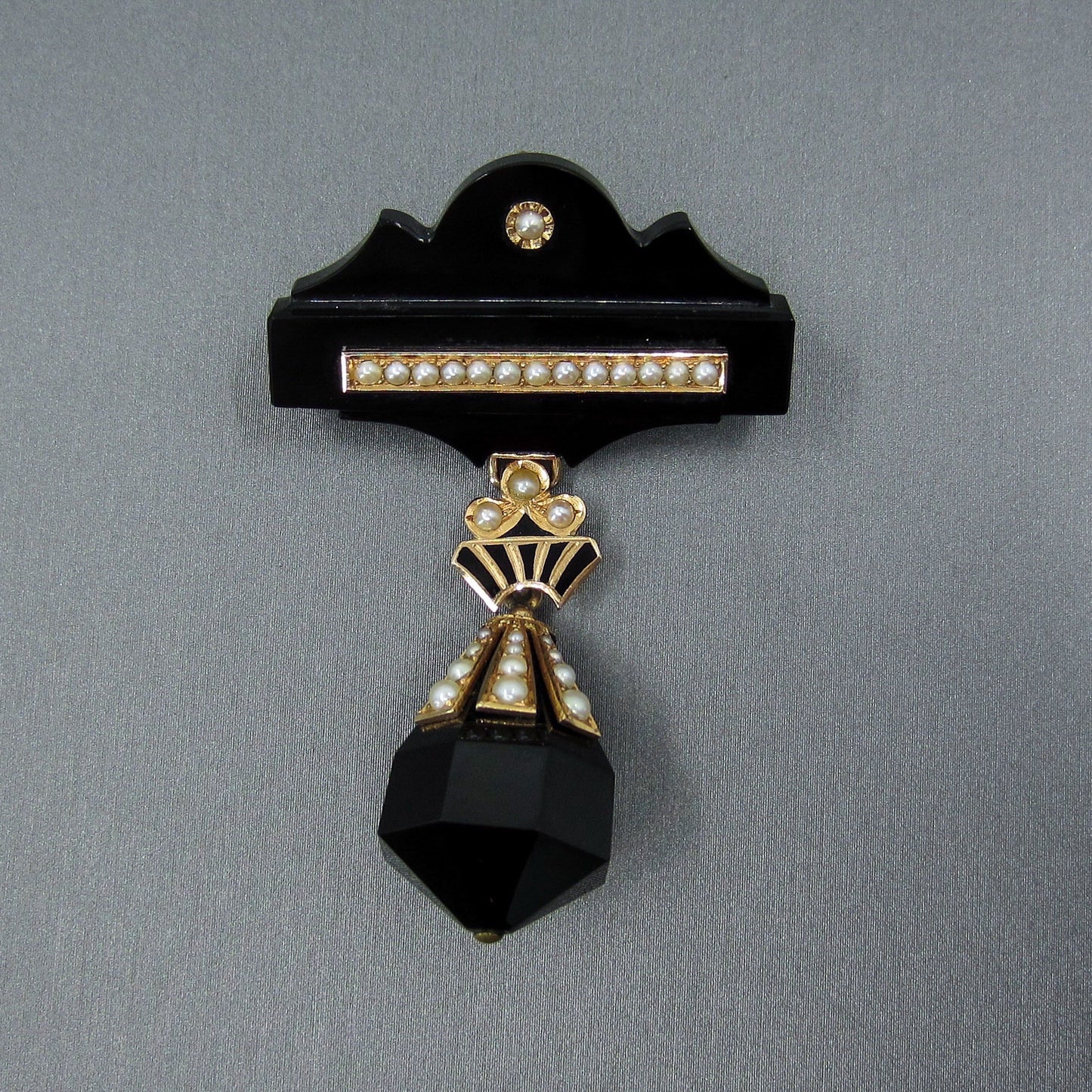 Victorian Onyx, Enamel and Seed Pearl Drop Brooch 14k c. 1880