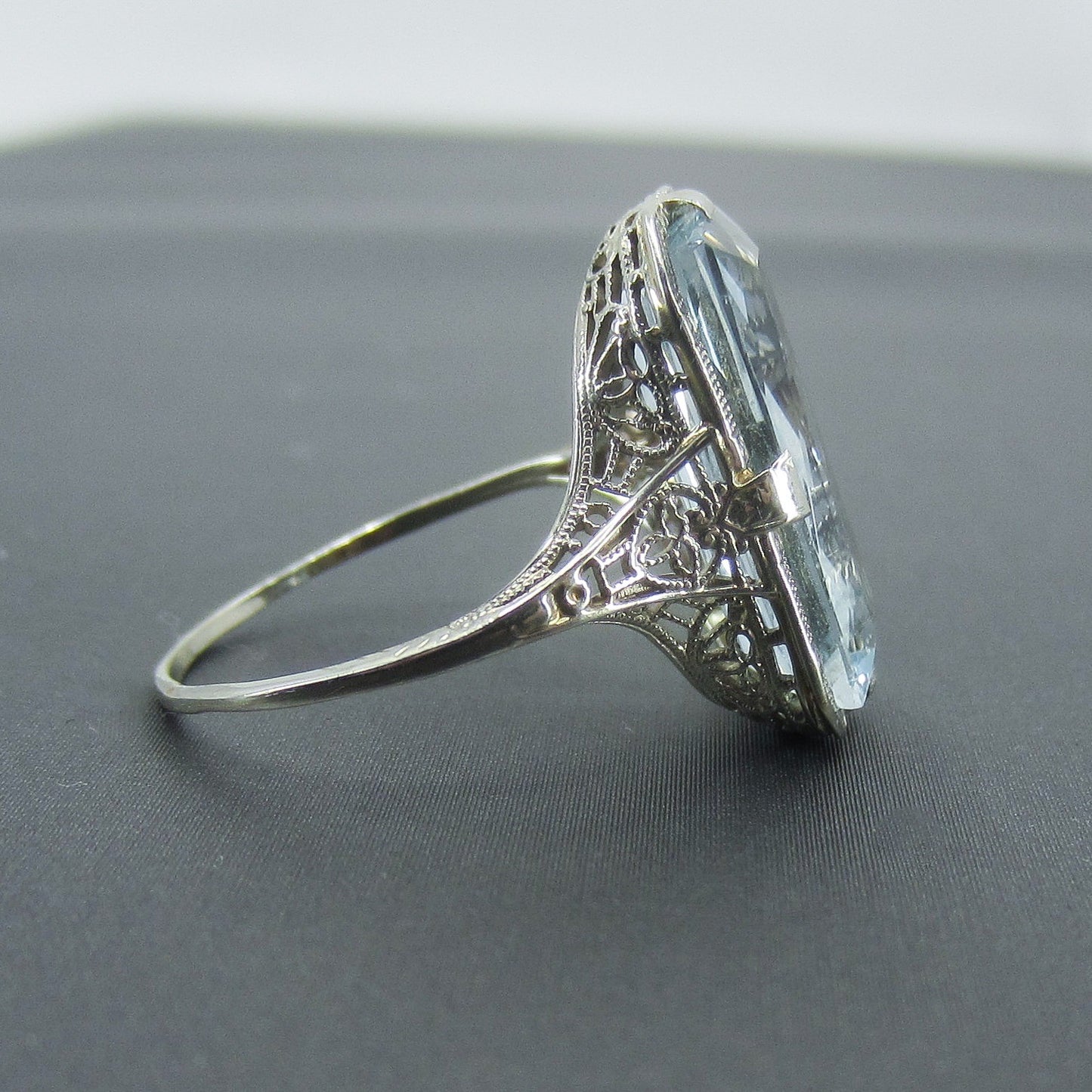 SOLD—Art Deco Aquamarine Filigree Ring 18k c. 1920