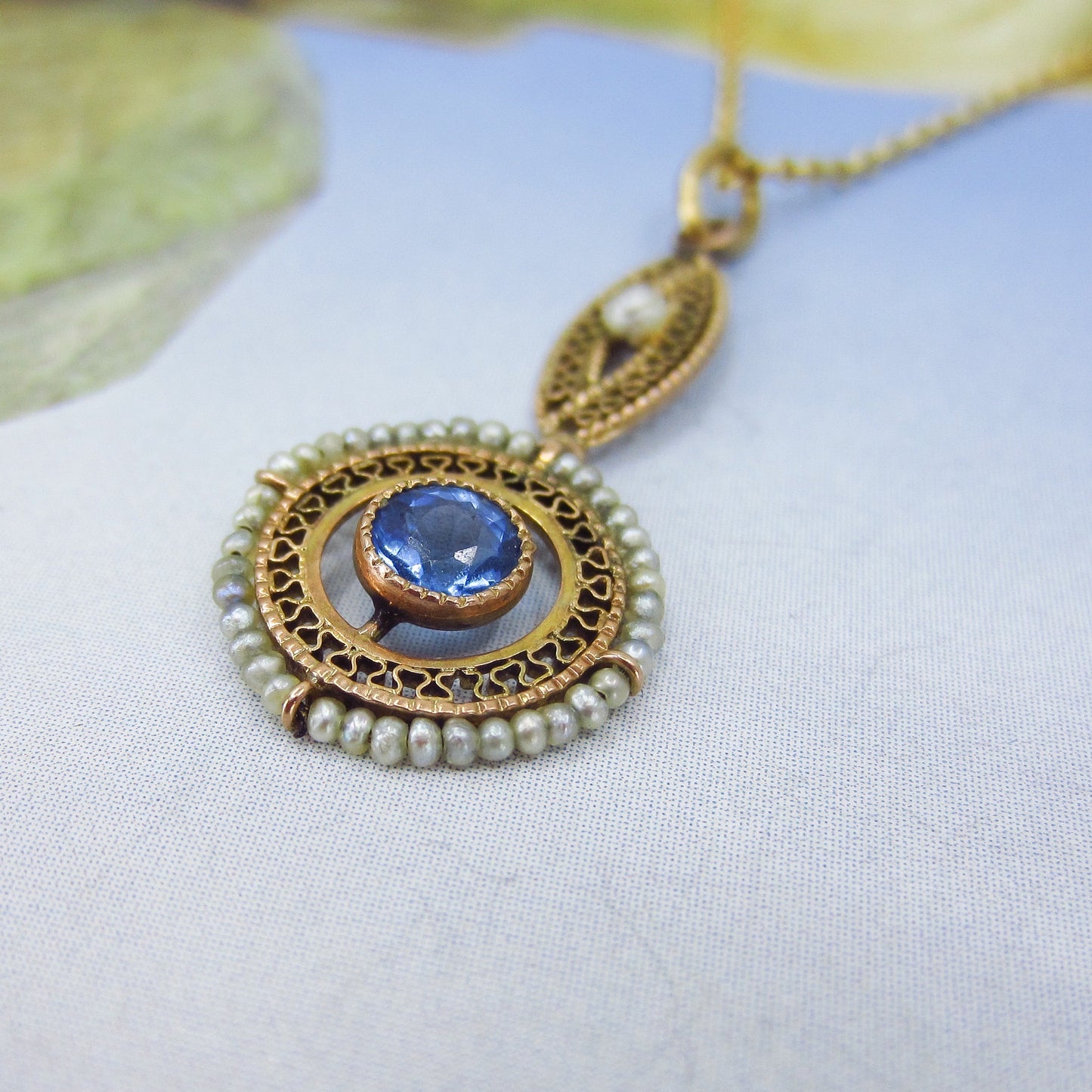 SOLD-Edwardian Seed Pearl and Blue Glass Pendant 10k c. 1910