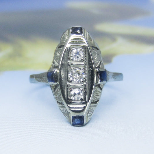 Art Deco Diamond and Sapphire Navette Ring 14k c. 1930