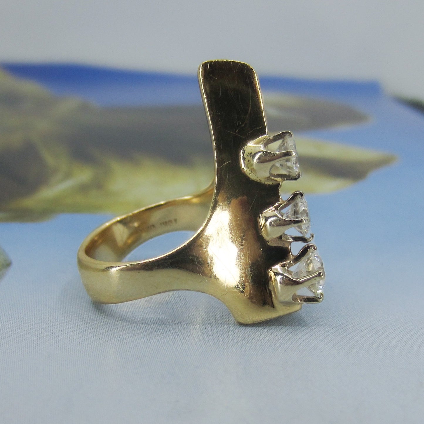 SOLD--MidCentury Modernist Giant Diamond Triangle Ring 14k c. 1970