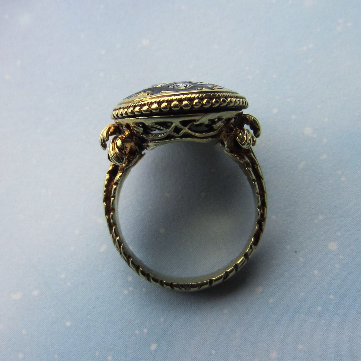 SOLD--Fantastic 1940's Victorian Revival Diamond Enamel Ring 14k