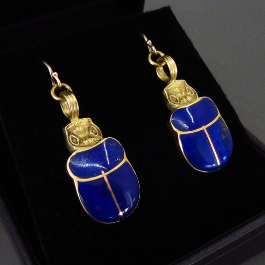 SOLD--Vintage Lapis Scarab Earrings 18k, Italy c. 1990