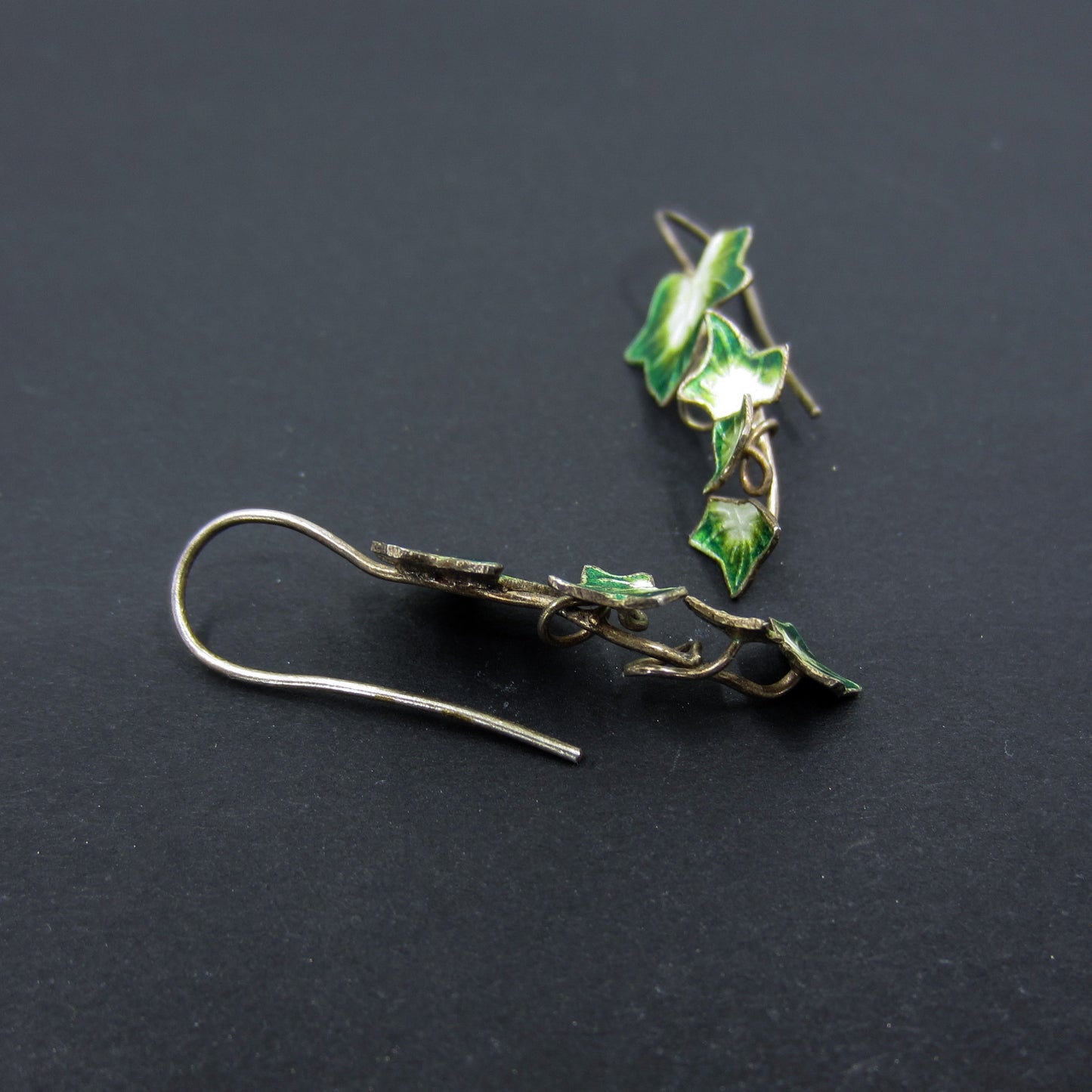 SOLD-Vintage Scandinavian Enamel Ivy Earrings Gilt Sterling c. 1970