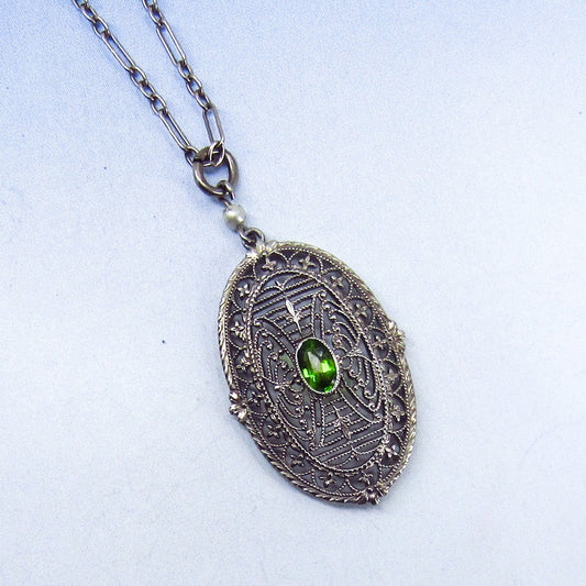 SOLD—Art Deco Peridot Filigree Pendant 14k c. 1920