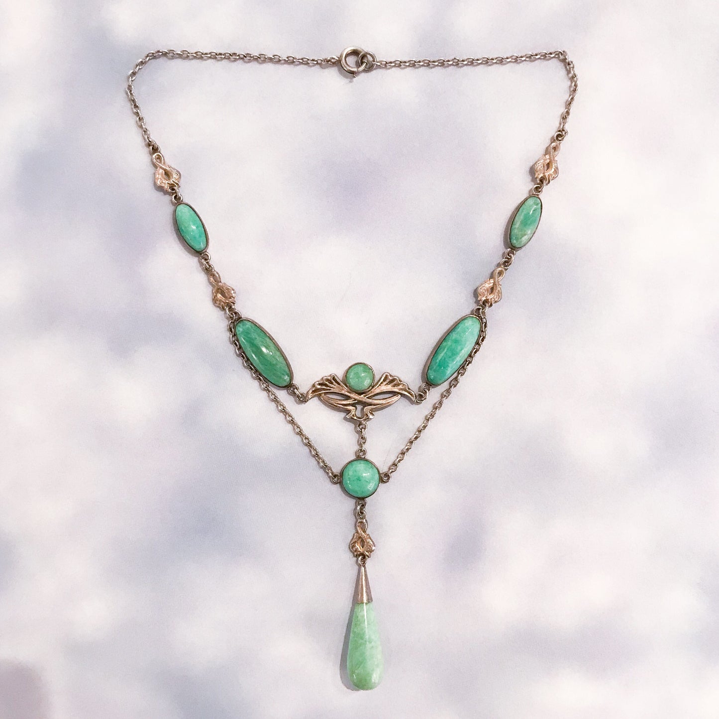 SOLD--Art Nouveau Green Quartz Drop Necklace Sterling c. 1900