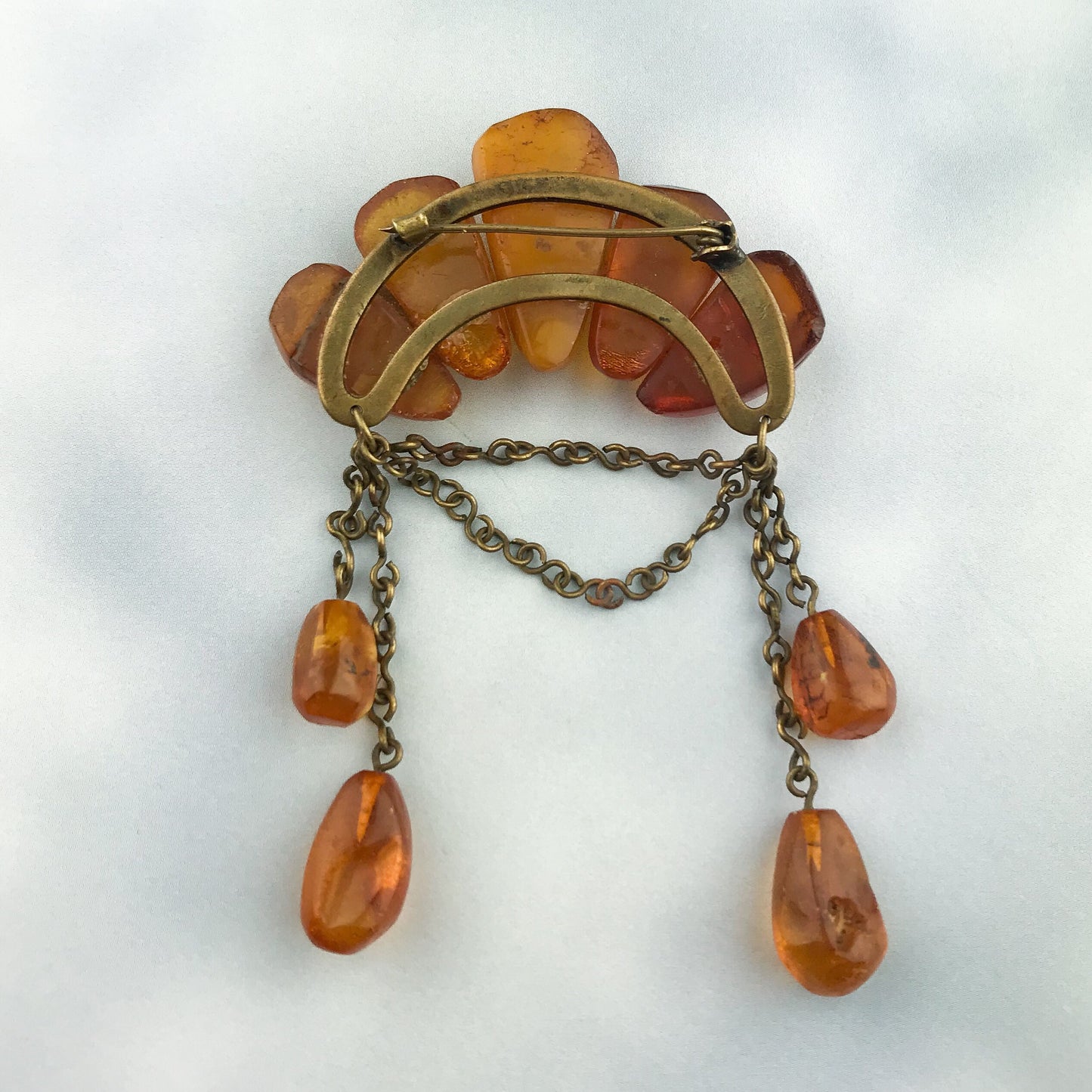 SOLD--Art Deco Amber Drop Brooch Brass c. 1930